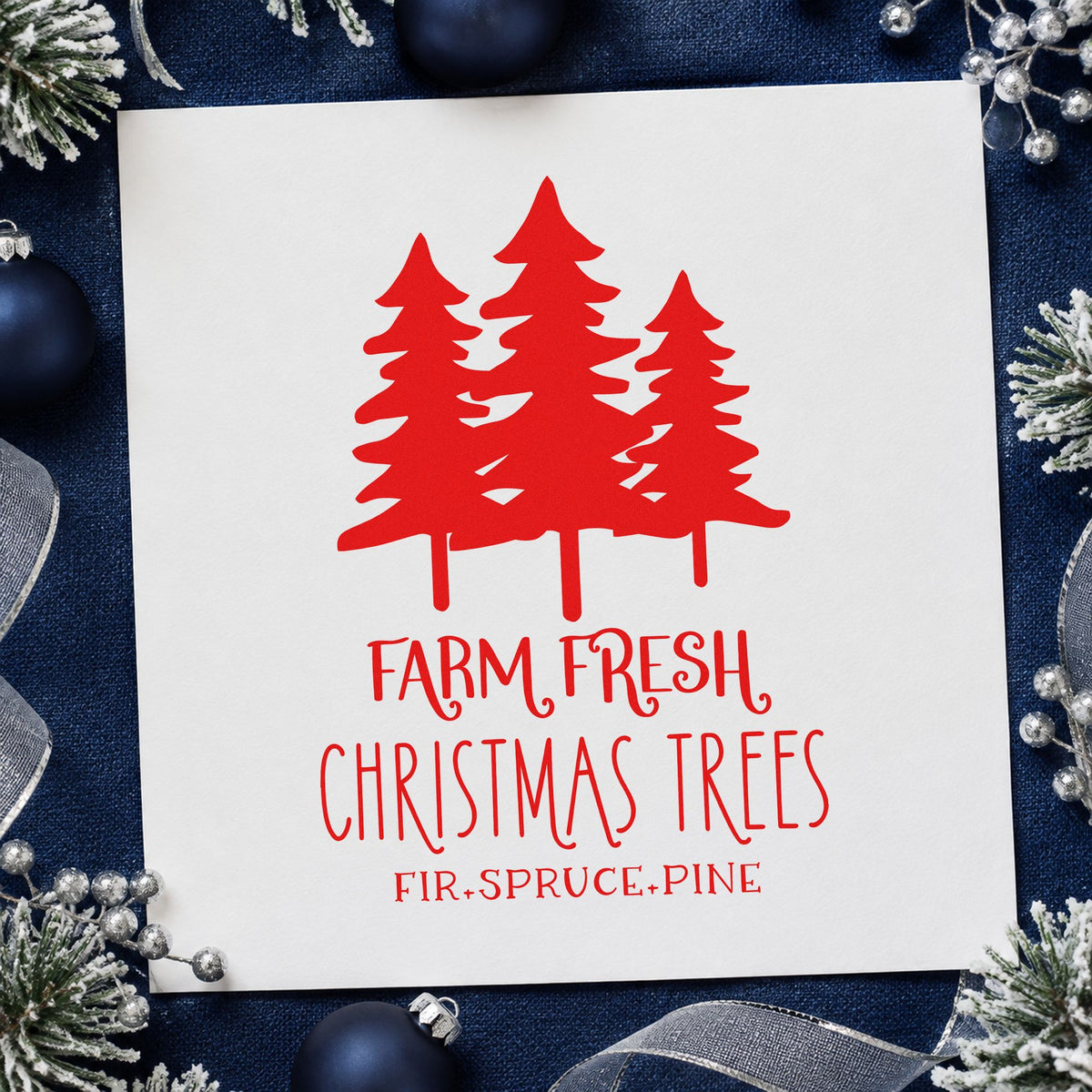Farm Fresh Three Pine Trees rubber stamp shown in red ink, stamped for projects such as bundle tie labels.