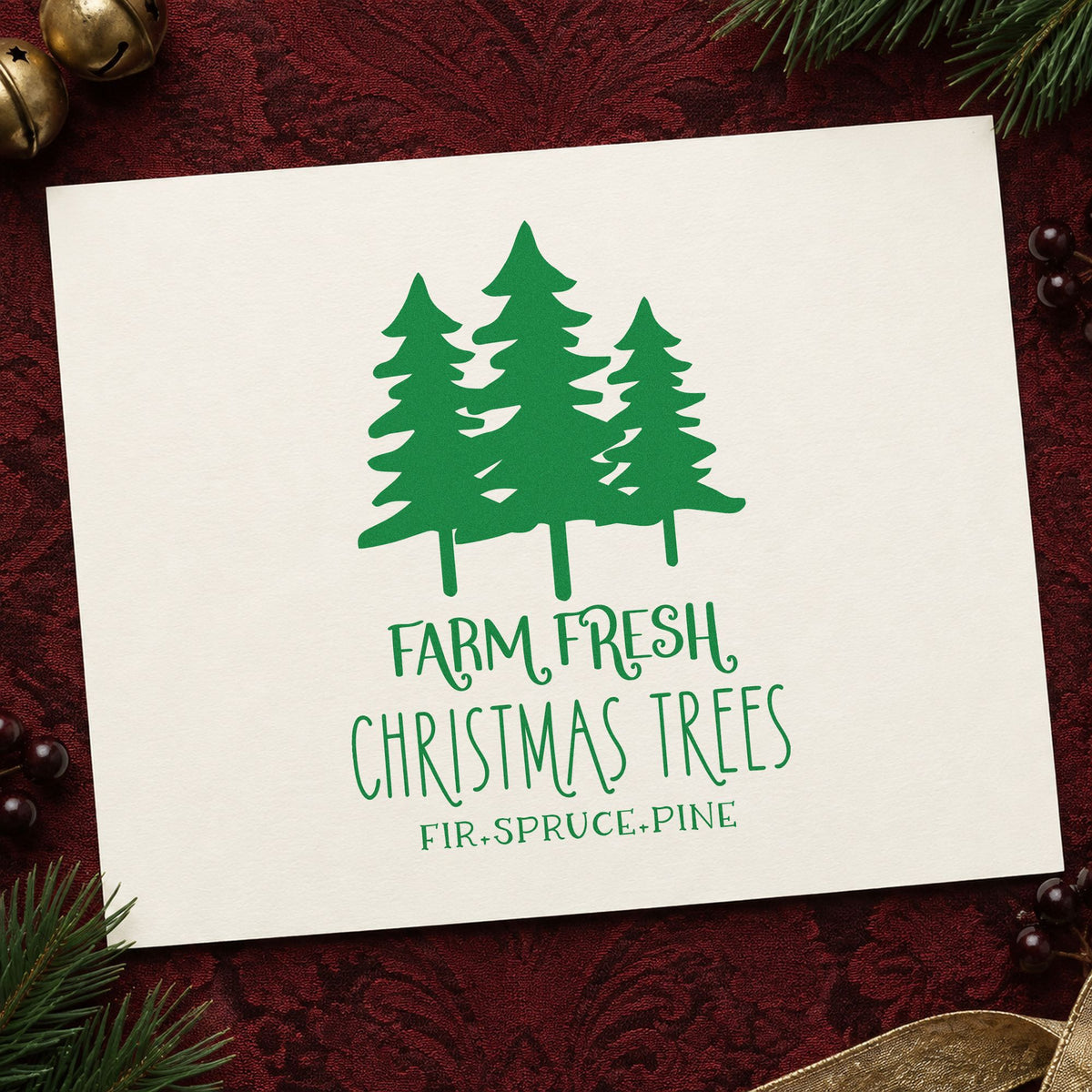 Farm Fresh Three Pine Trees craft stamp imprint in green ink on a handmade project, one idea being lot entry cards.