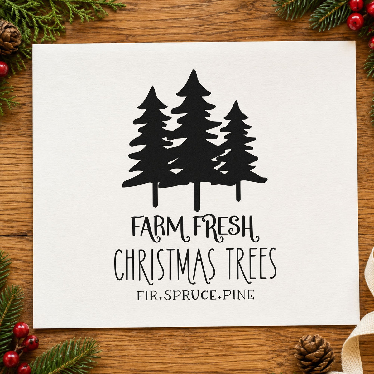 Farm Fresh Three Pine Trees rubber stamp printed in black ink, ready for solid pines cards and similar paper crafts.