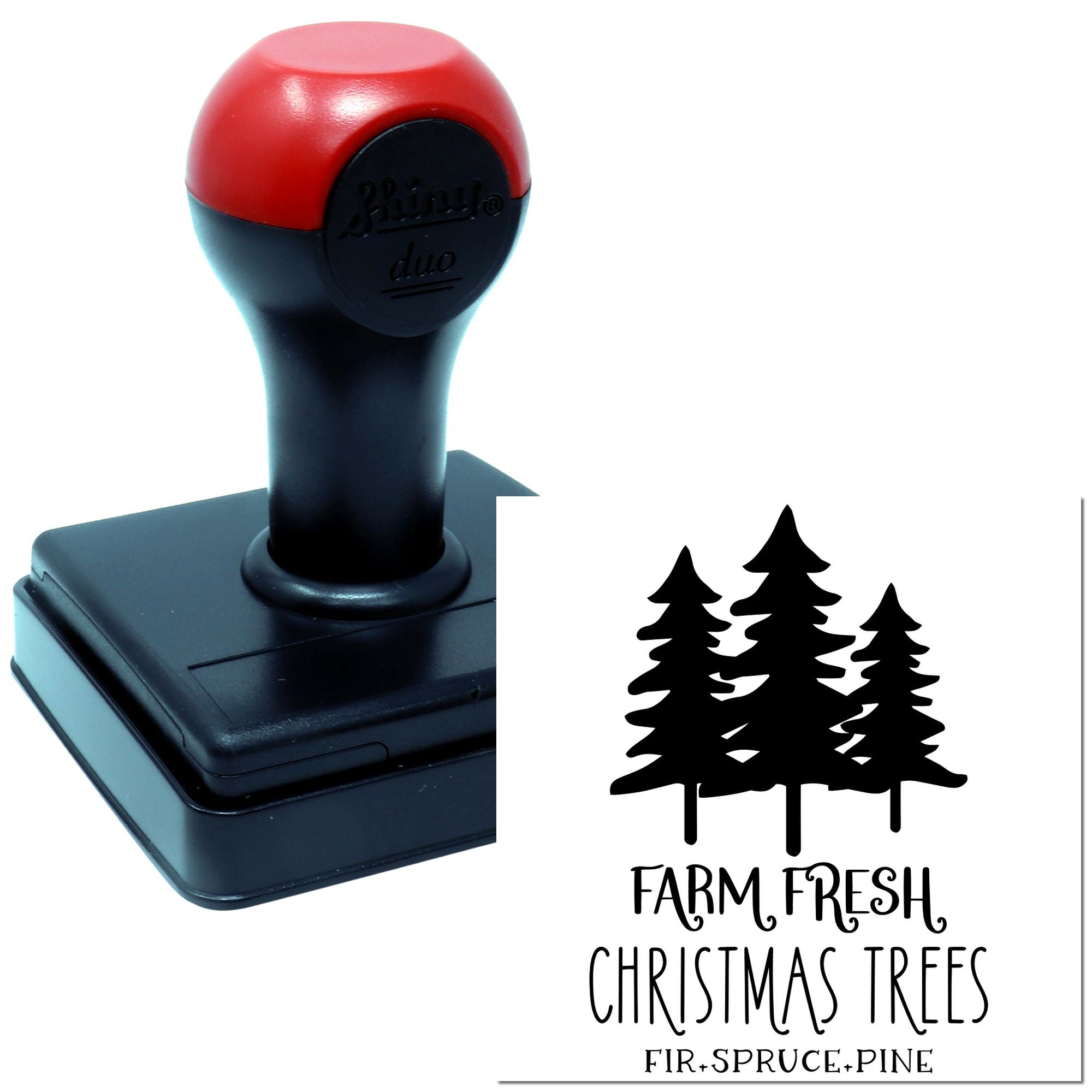 Self-inking rubber stamp for Farm Fresh Christmas Trees labels and holiday packaging, fir, spruce, pine
