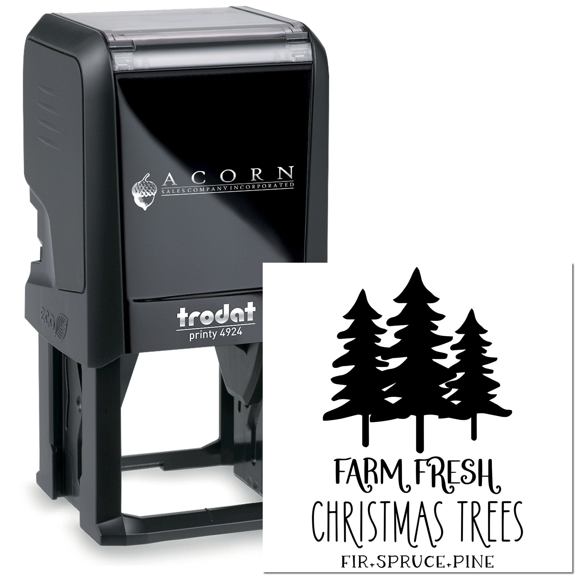 Custom self-inking rubber stamp Trodat Printy 4924 with Farm Fresh Christmas Trees logo for fir, spruce and pine sales.