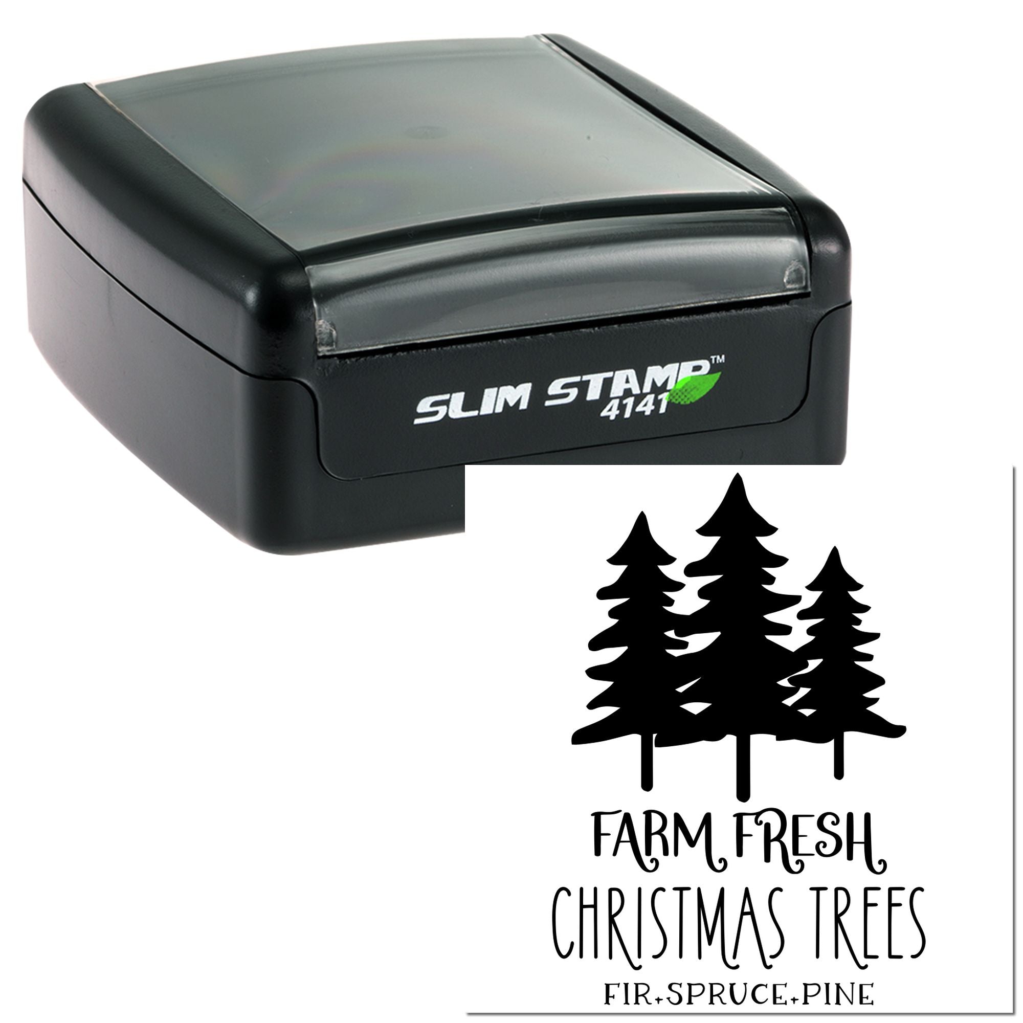 Custom self-inking rubber stamp with Farm Fresh Christmas Trees logo and pine tree design for fir, spruce and pine branding.