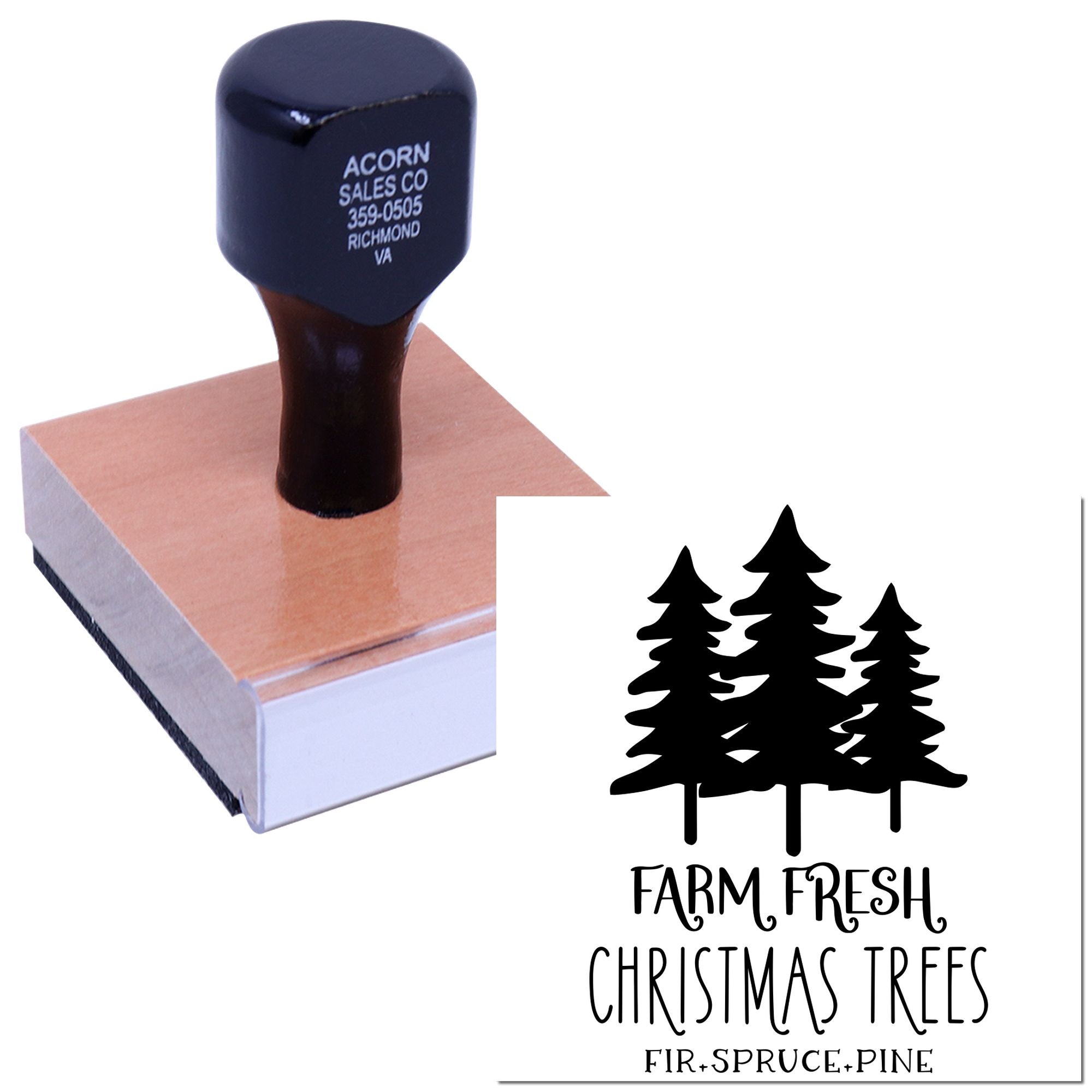 Custom rubber stamp with Farm Fresh Christmas Trees logo for fir, spruce and pine tree farm branding.