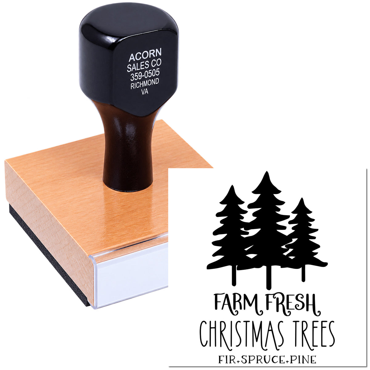 Custom rubber stamp with Farm Fresh Christmas Trees logo for fir, spruce and pine tree farm branding.