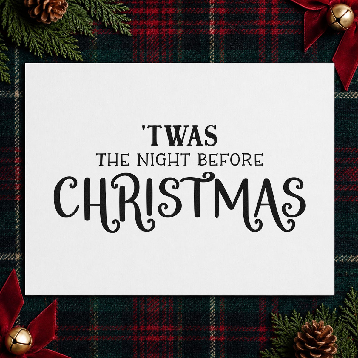 Twas The Night Before Christmas craft stamp imprint in black ink on a handmade project, one idea being book gift tags.