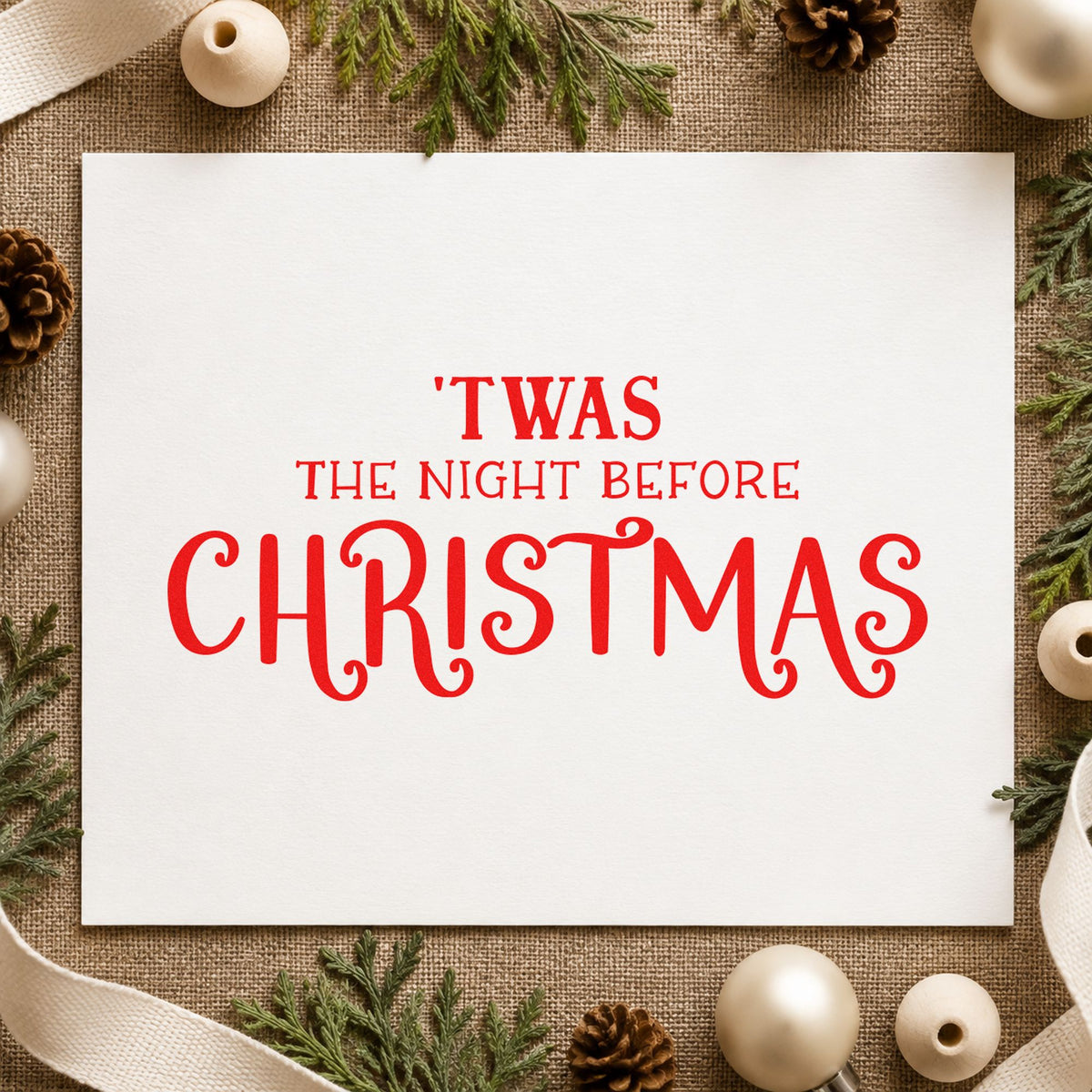Twas The Night Before Christmas rubber stamp shown in red ink, stamped for projects such as shelf title labels.
