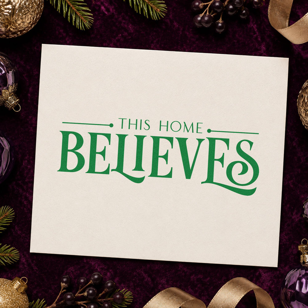 This Home Believes Serif craft stamp in green ink on cardstock, an easy option for ledger album page.