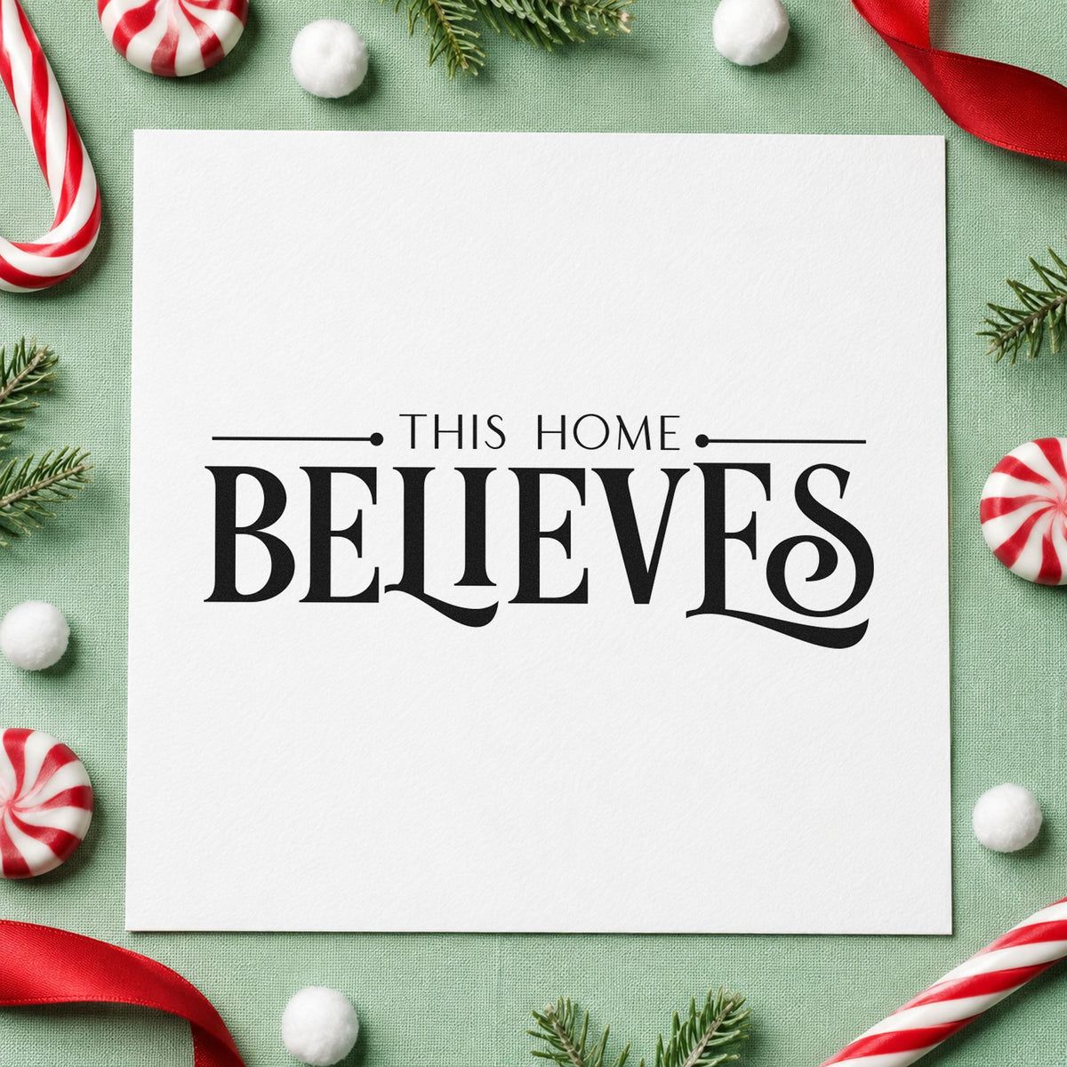 This Home Believes Serif craft stamp imprint in black ink on a handmade project, one idea being lined gift tags.