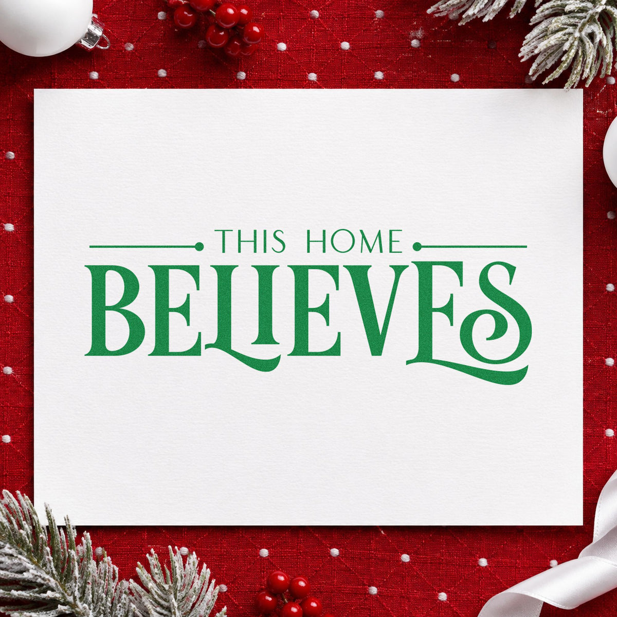 This Home Believes Serif craft stamp imprint in green ink on a handmade project, one idea being guest book slips.