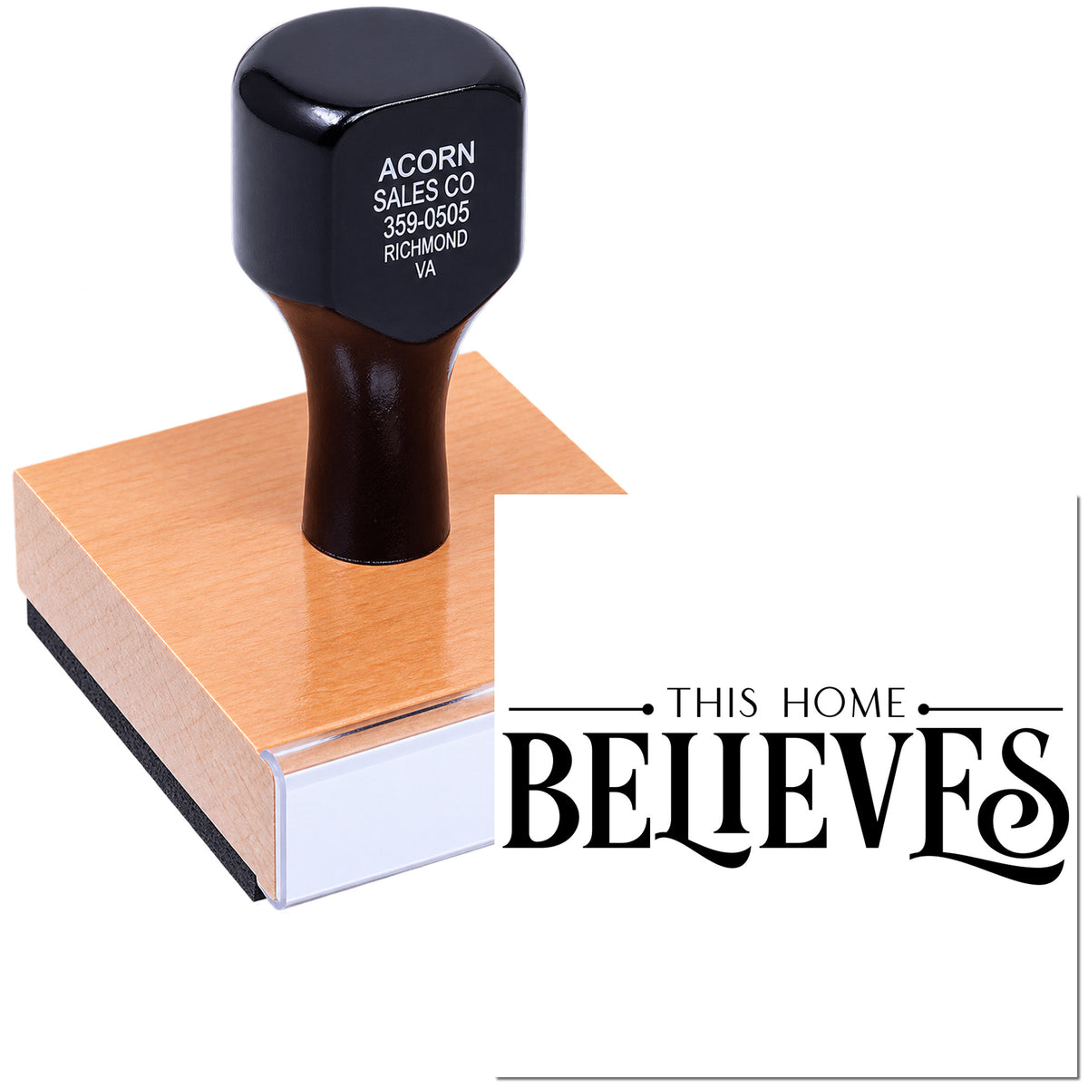 Personalized custom rubber stamp featuring This Home Believes for faith-based crafts, home dcor, and DIY projects.