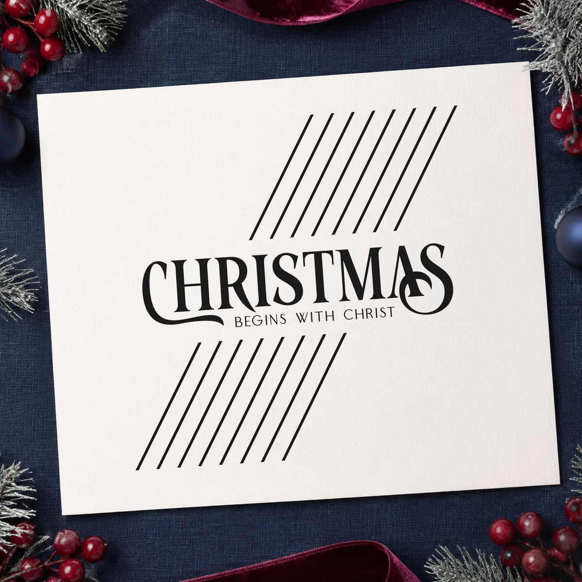 Christmas Begins With Christ craft stamp imprint in black ink on a handmade project, one idea being tract bundle tags.