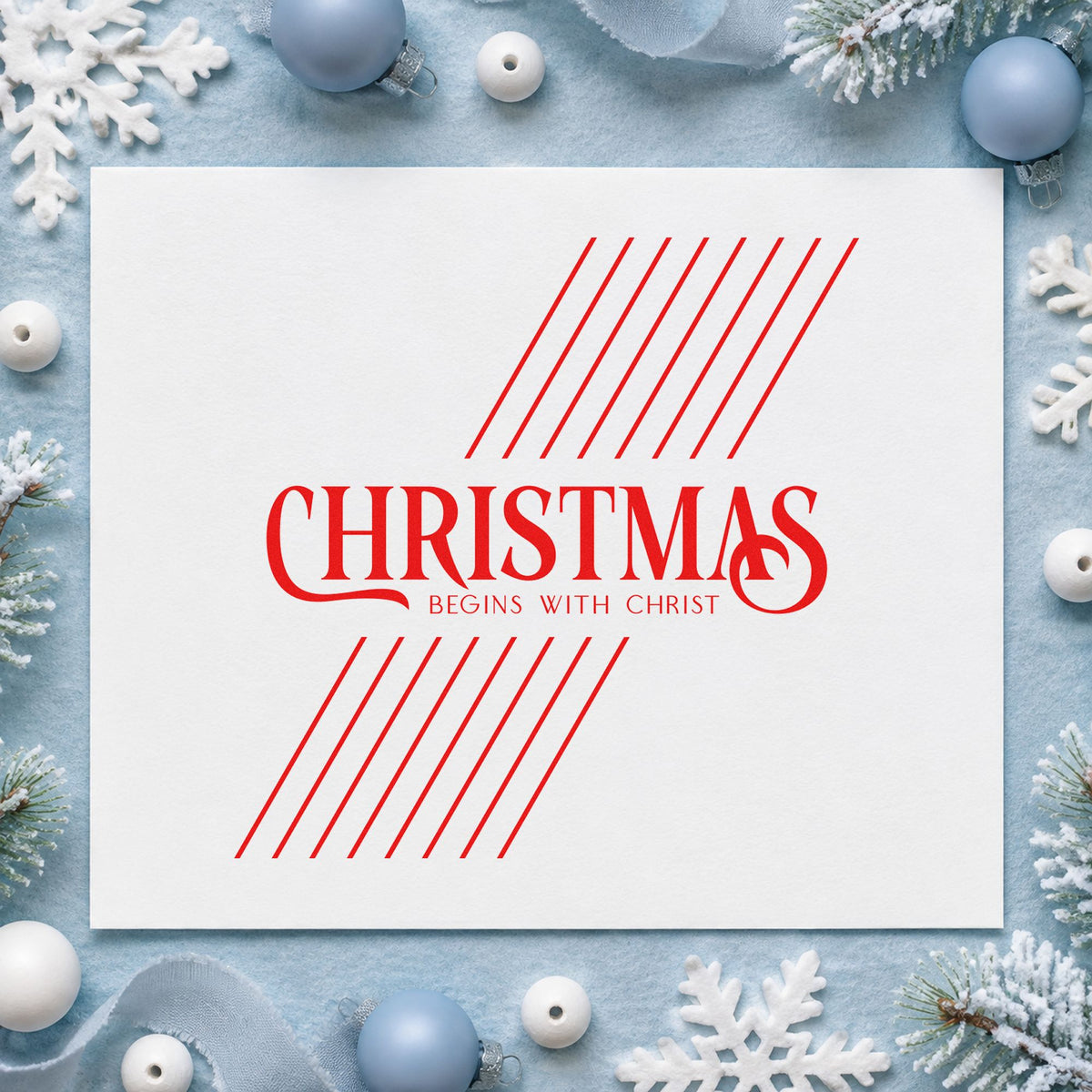 Christmas Begins With Christ craft stamp in red ink on cardstock, an easy option for banner edge printing.