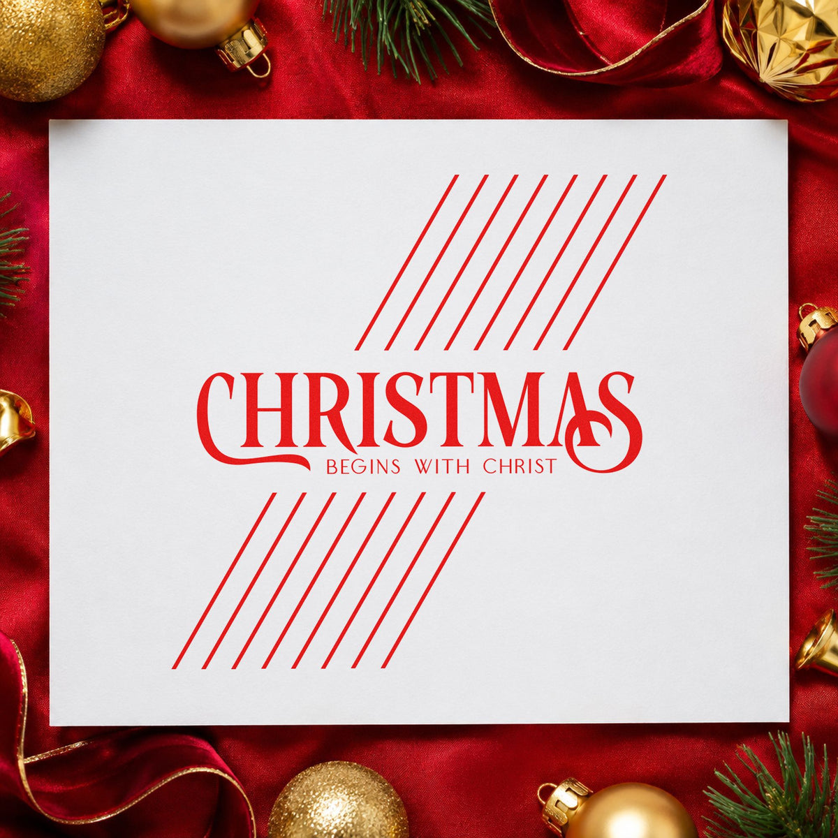 Christmas Begins With Christ rubber stamp shown in red ink, stamped for projects such as material bin labels.