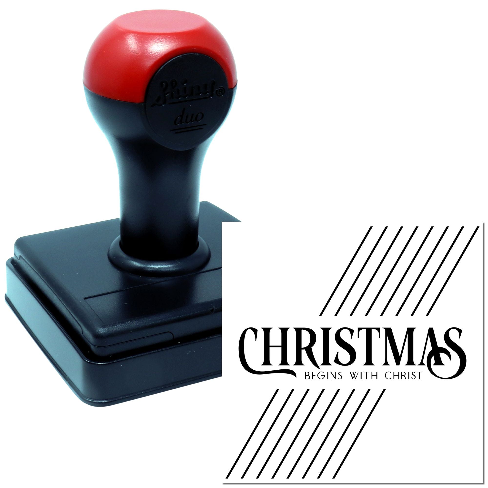 Self-inking rubber stamp with Christmas Begins With Christ design for Christian holiday cards and crafts.