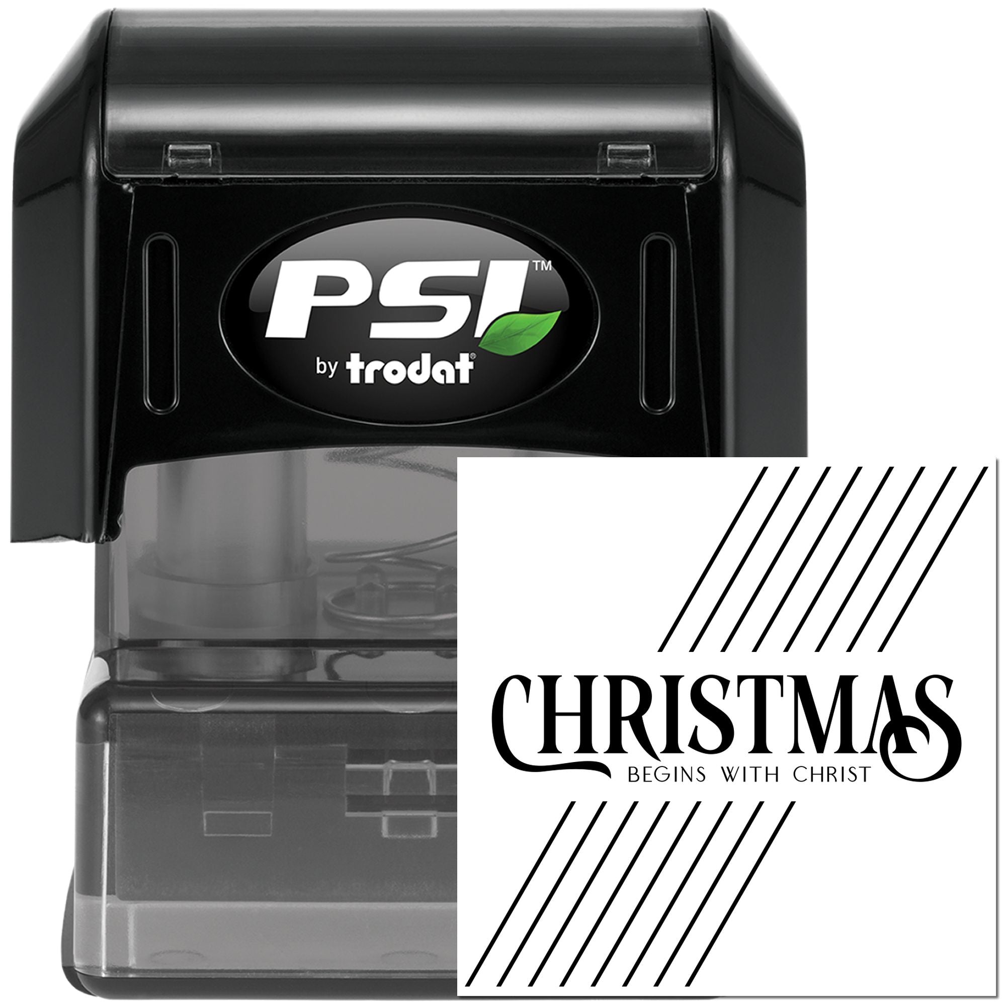 Christmas Begins with Christ rubber stamp by PSI Trodat, self-inking stamp for Christian holiday cards and crafts.