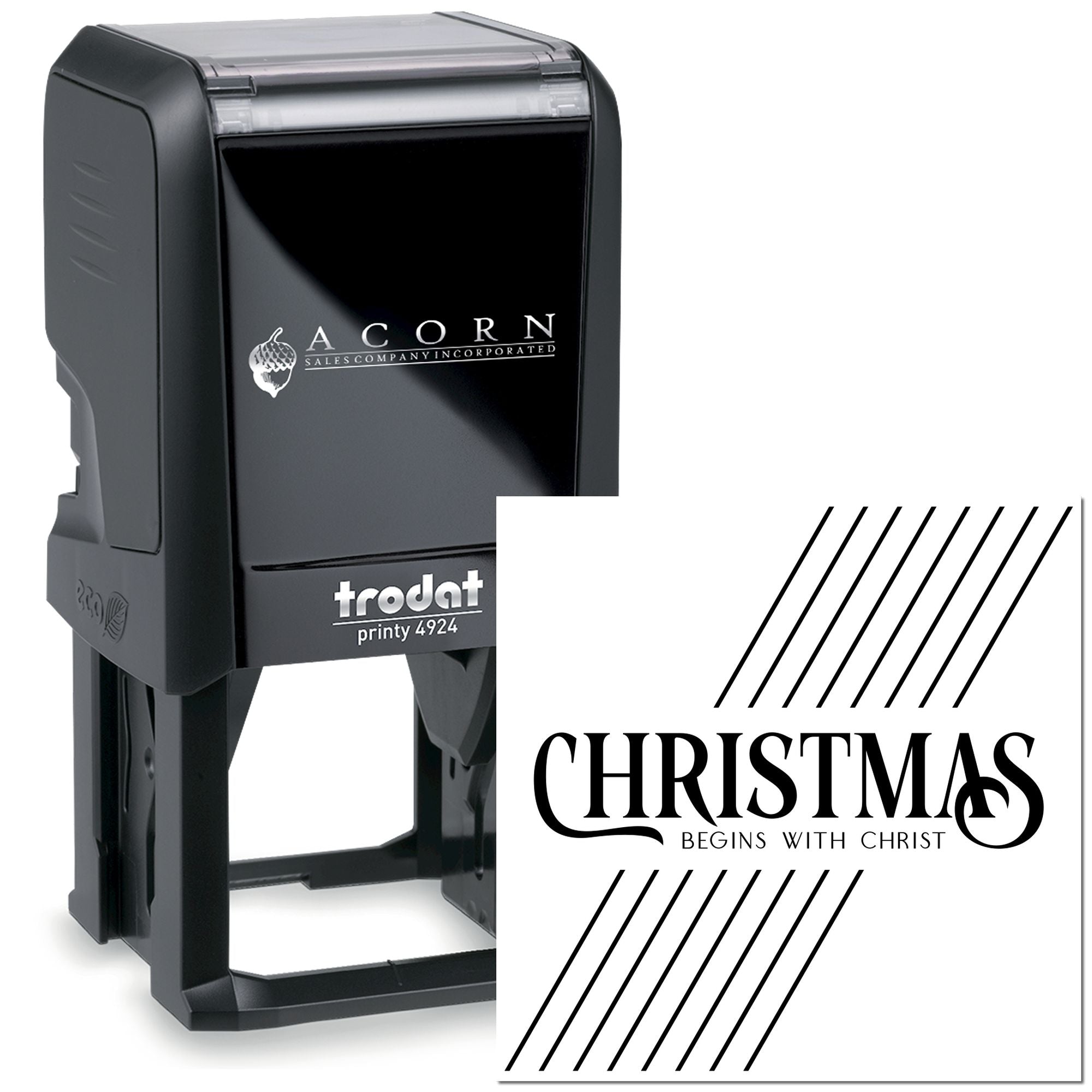Custom self-inking rubber stamp featuring Christmas Begins with Christ for holiday cards, branding, and packaging.