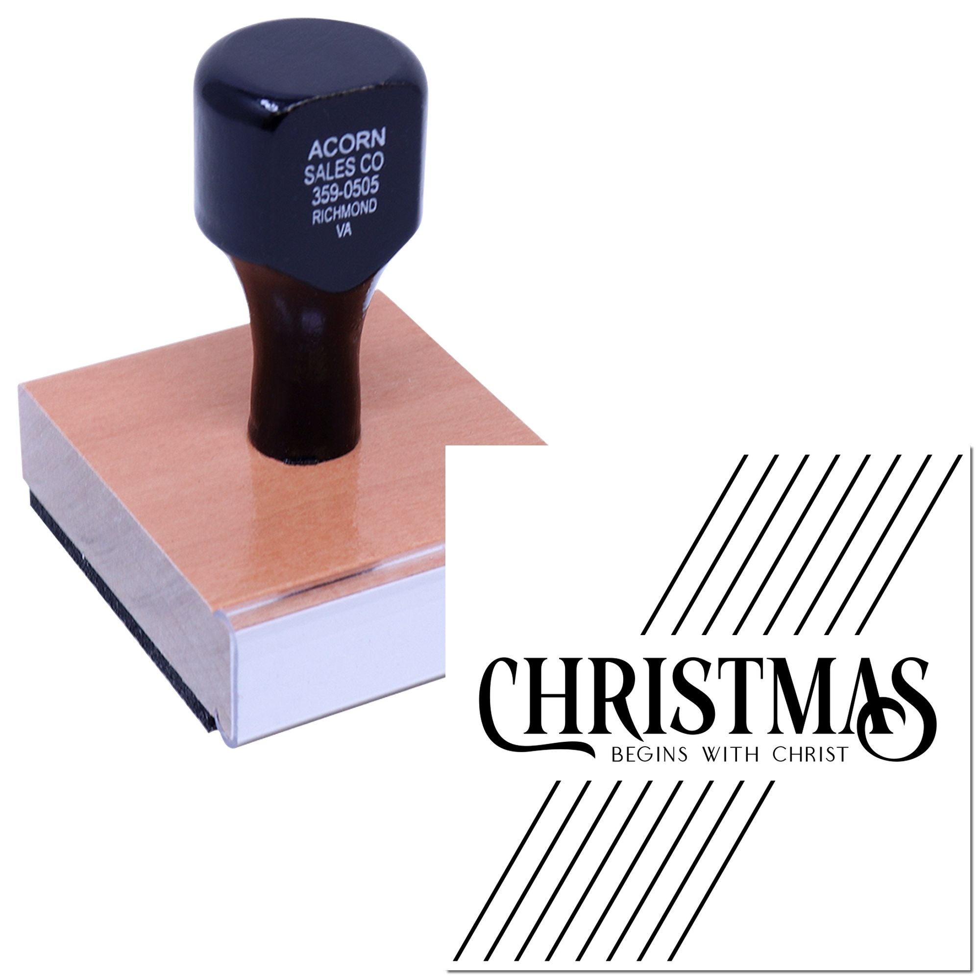 Custom rubber stamp with Christmas Begins With Christ logo and diagonal stripe design for holiday cards and church branding.