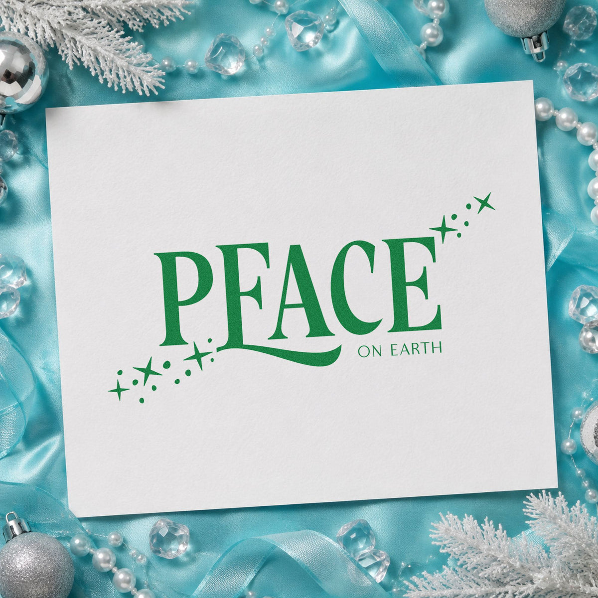 Peace On Earth Sparkles craft stamp imprinted in green ink on paper, a design suited to framed angled hang.