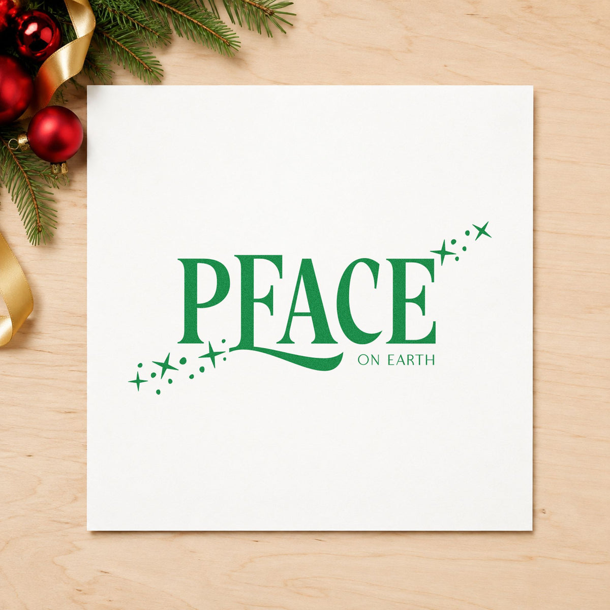 Peace On Earth Sparkles craft stamp imprint in green ink on a handmade project, one idea being retreat table cards.