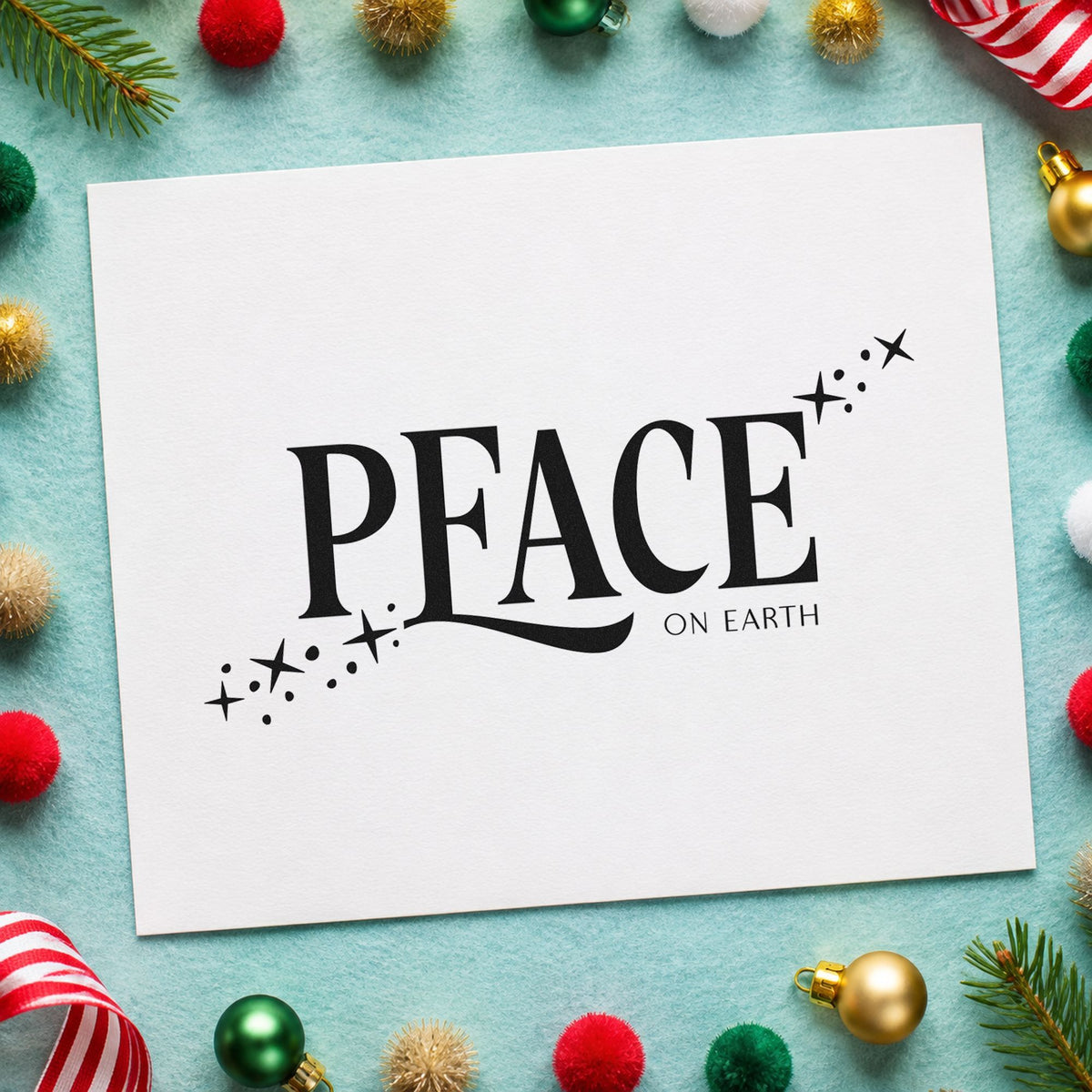 Peace On Earth Sparkles rubber stamp printed in black ink, ready for sparkle trail cards and similar paper crafts.