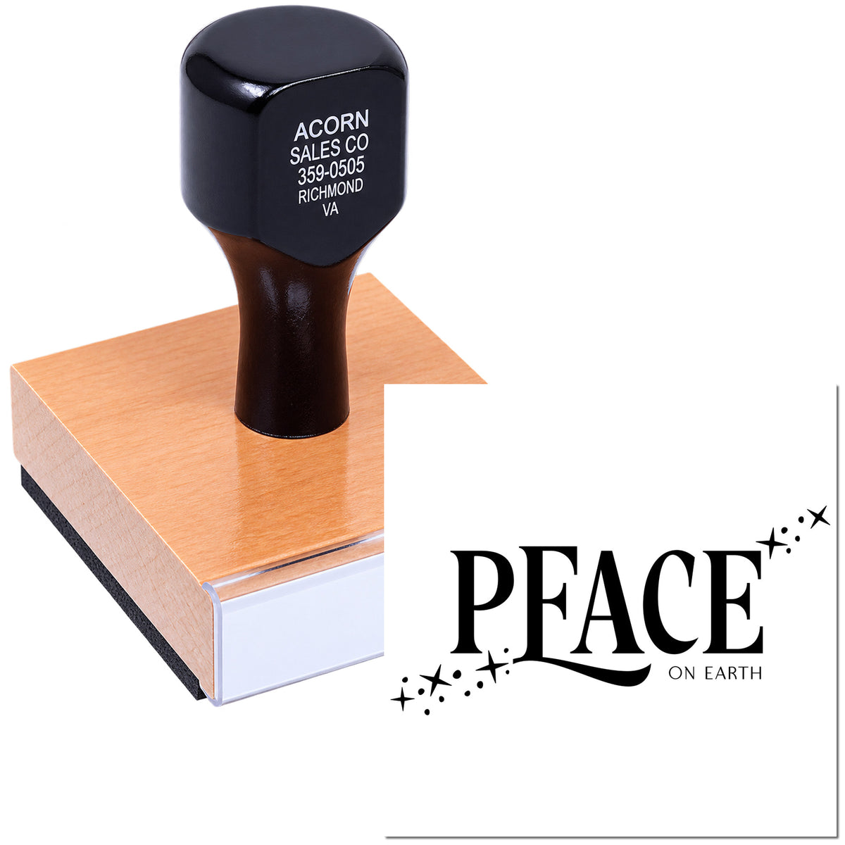 Custom rubber stamp for Peace on Earth logo, ideal for branding cards, packaging, and holiday stationery.