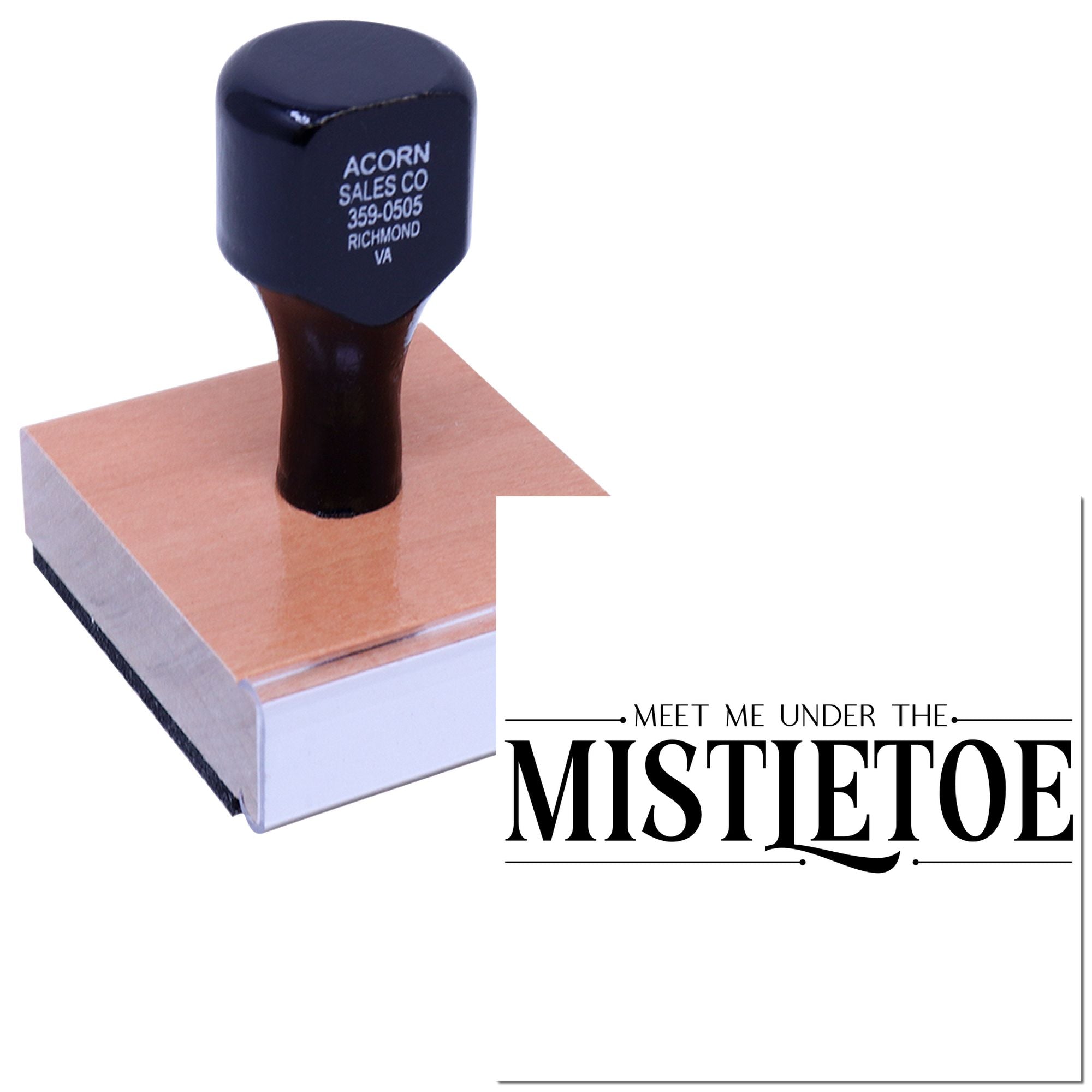 Custom holiday rubber stamp with Meet Me Under the Mistletoe design for festive card making, crafts, and gift tags.
