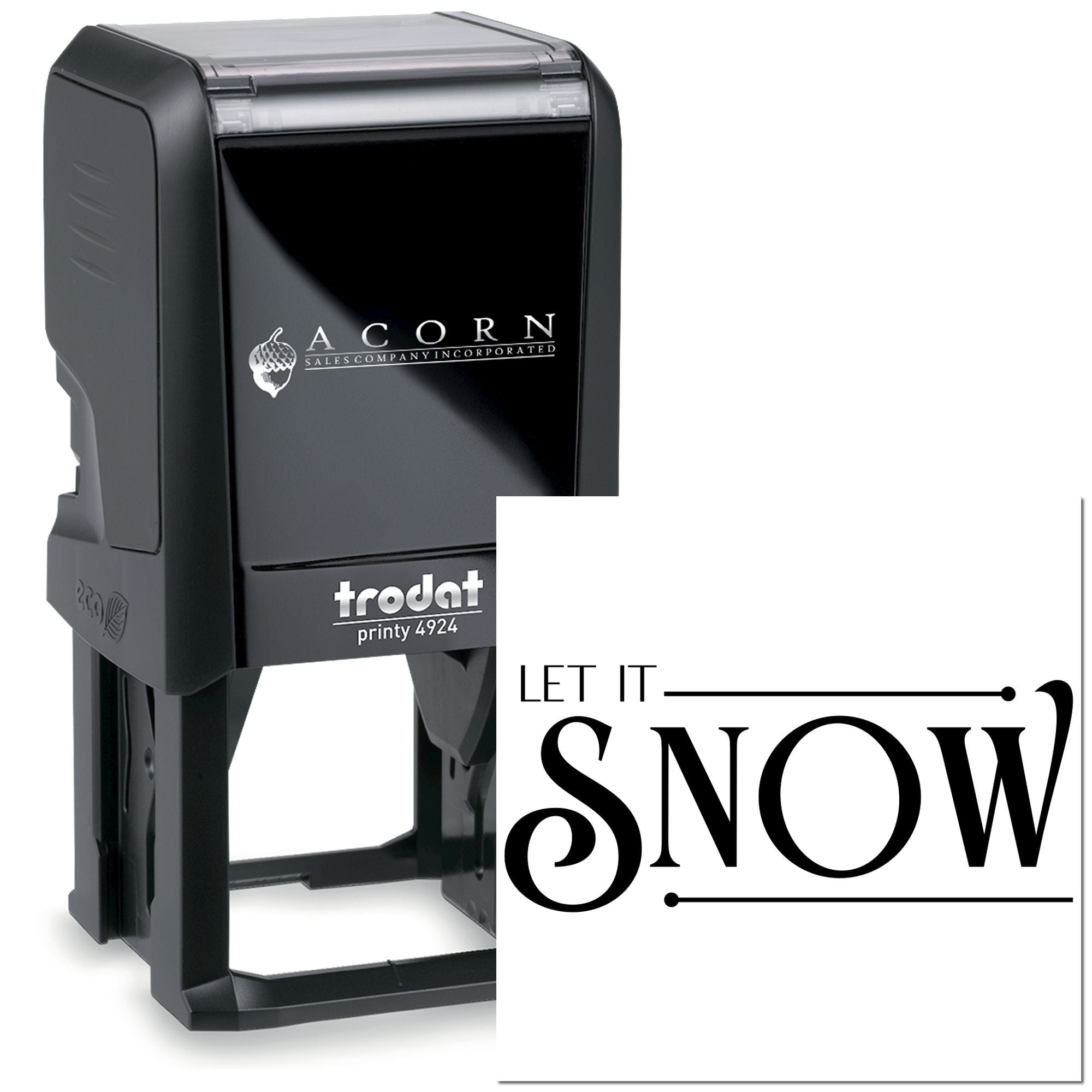 Custom self-inking rubber stamp with Let It Snow design, shown on a Trodat Printy 4924 stamp for holiday branding.
