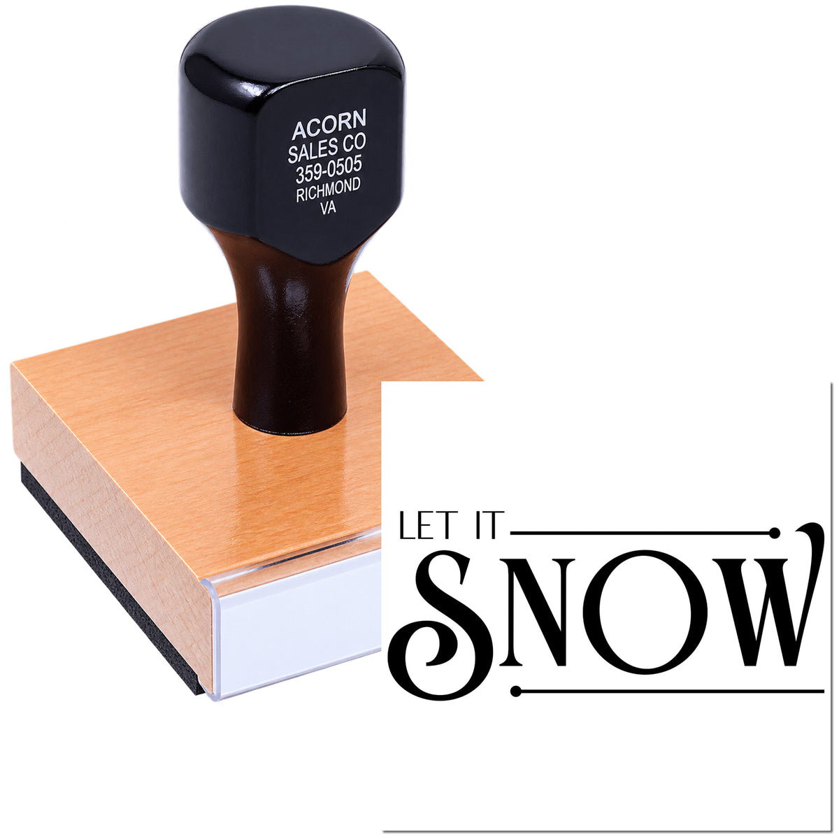 Custom rubber stamp with Let It Snow design for holiday cards, winter crafts, and seasonal packaging.