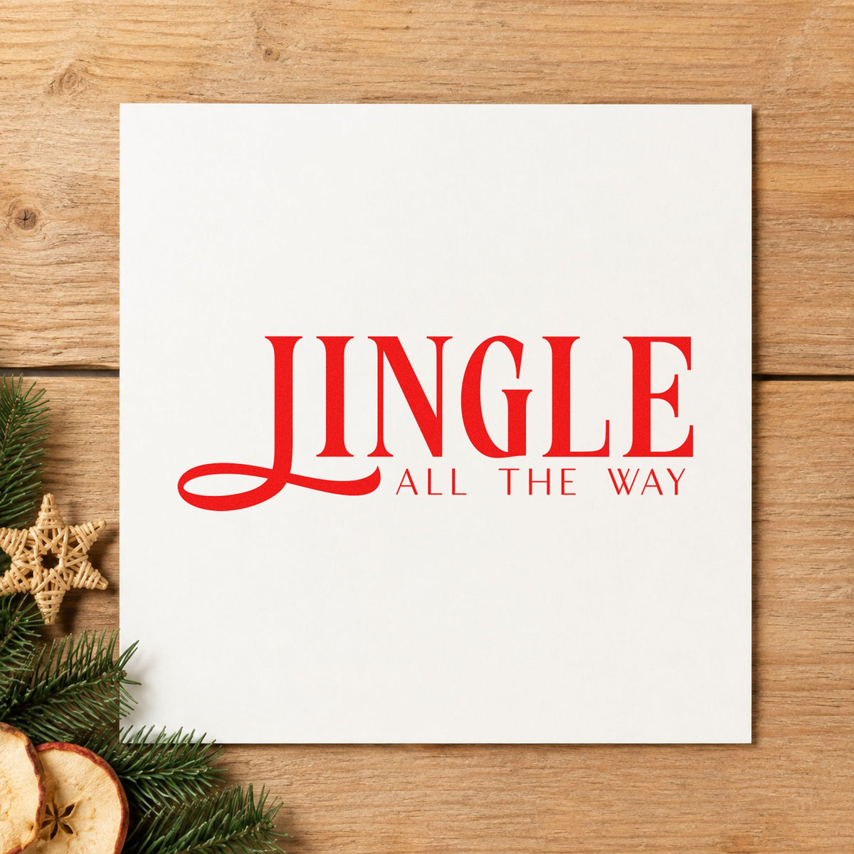 Jingle All The Way Serif rubber stamp shown in red ink, stamped for projects such as band wrap labels.