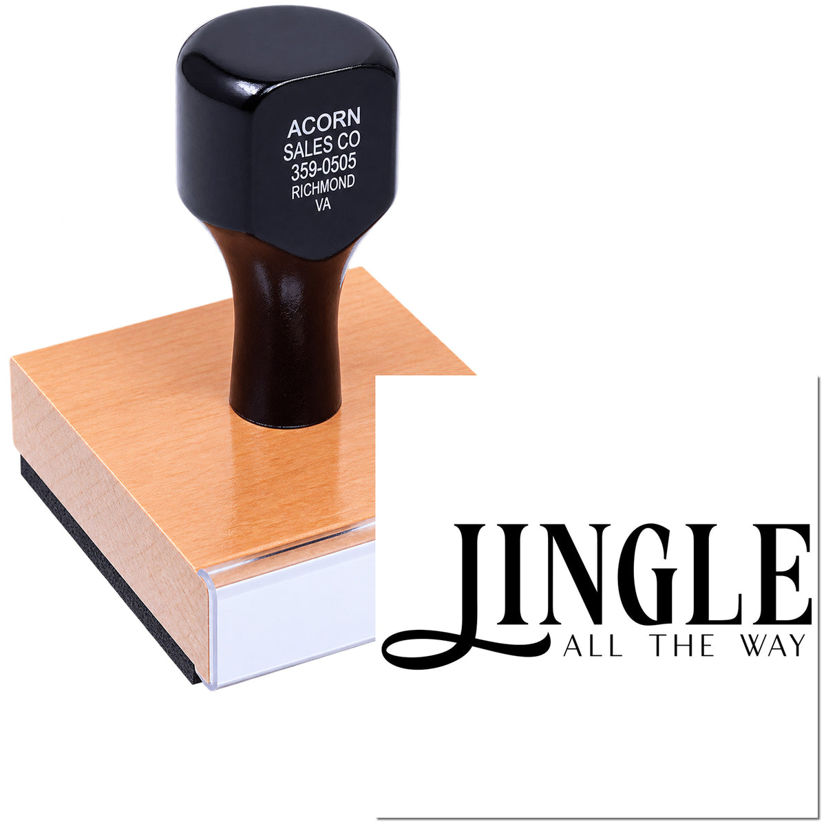 Wood-mounted custom rubber stamp with business imprint and JINGLE ALL THE WAY logo.