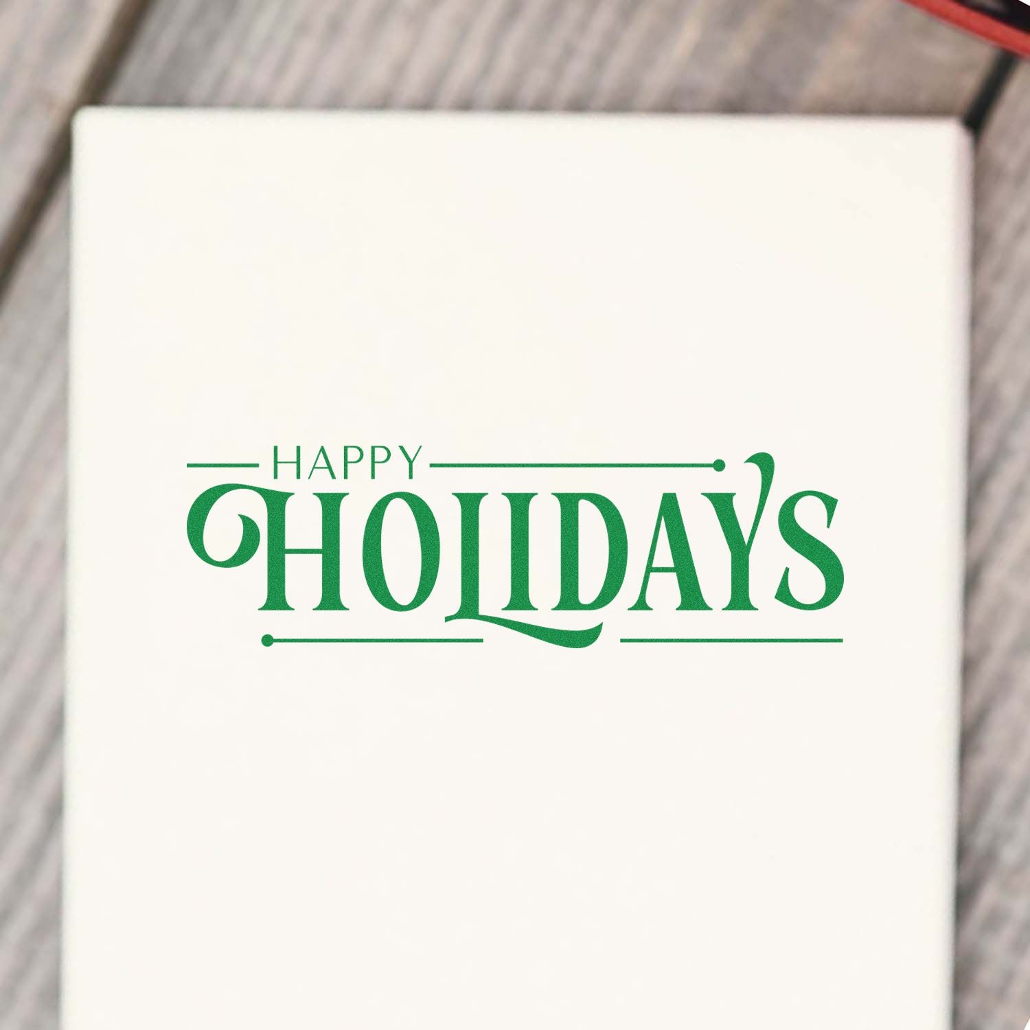Green Happy Holidays rubber stamp design for festive card making, gift packaging, and seasonal crafts.