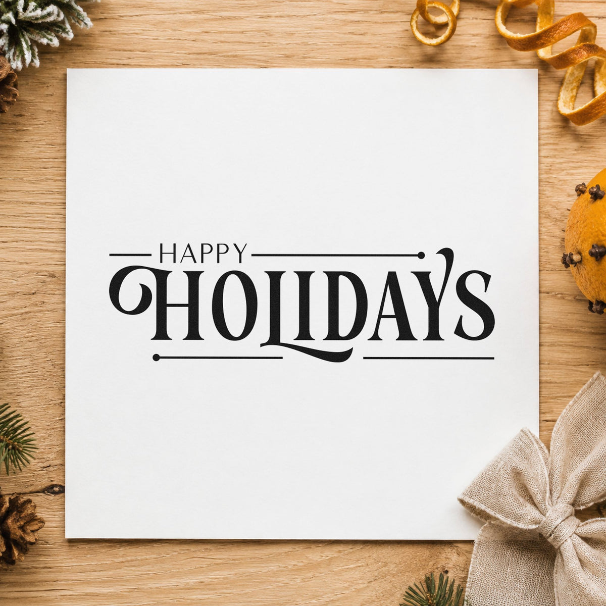 Happy Holidays Decorative Serif rubber stamp printed in black ink, ready for mailing roster sheet and similar paper crafts.