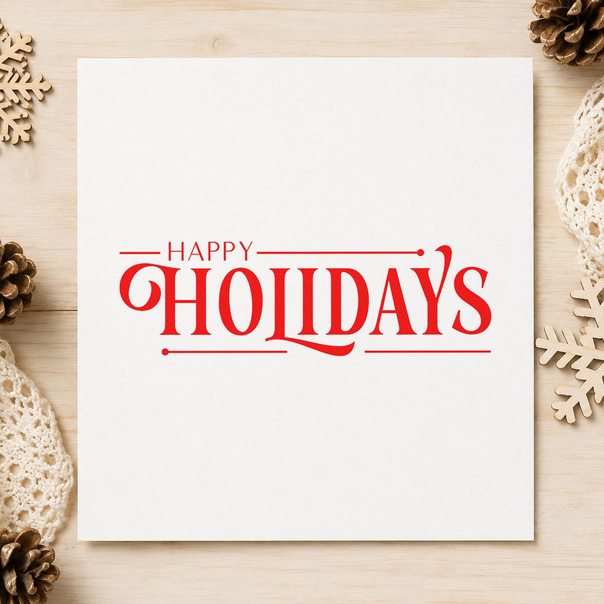 Happy Holidays Decorative Serif craft stamp in red ink on cardstock, an easy option for lanyard ribbon ink.