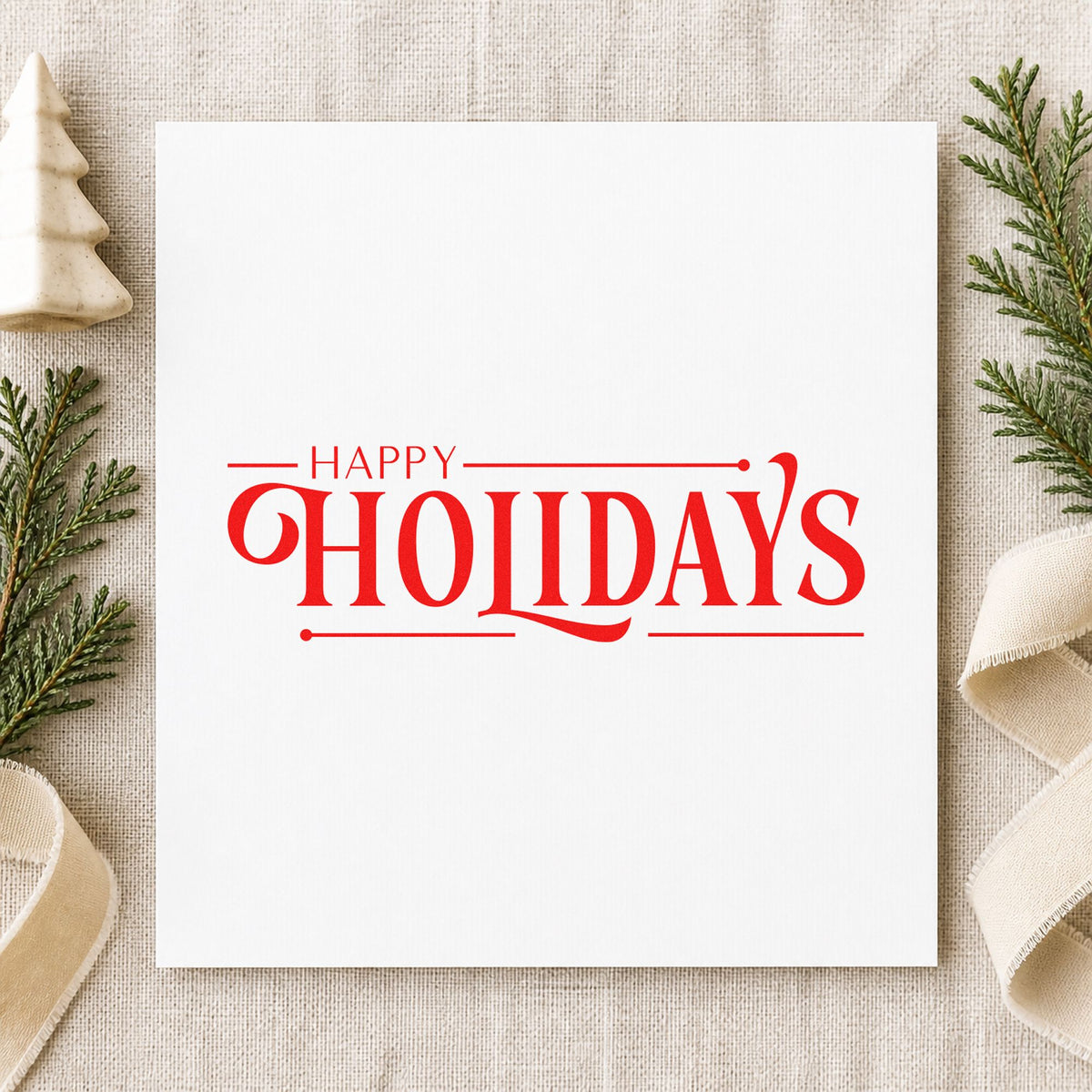 Happy Holidays Decorative Serif rubber stamp shown in red ink, stamped for projects such as file box labels.