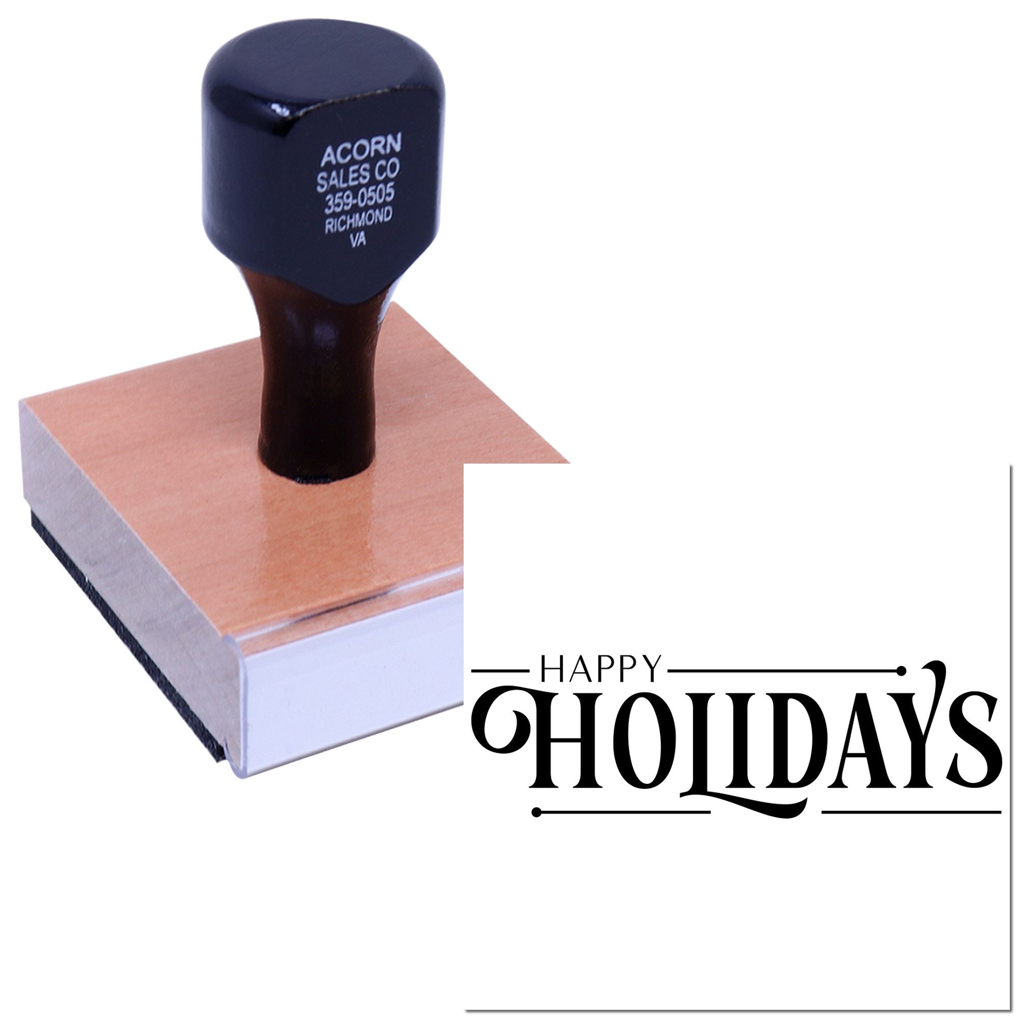 Custom Happy Holidays rubber stamp for seasonal business cards, holiday cards, and festive packaging.