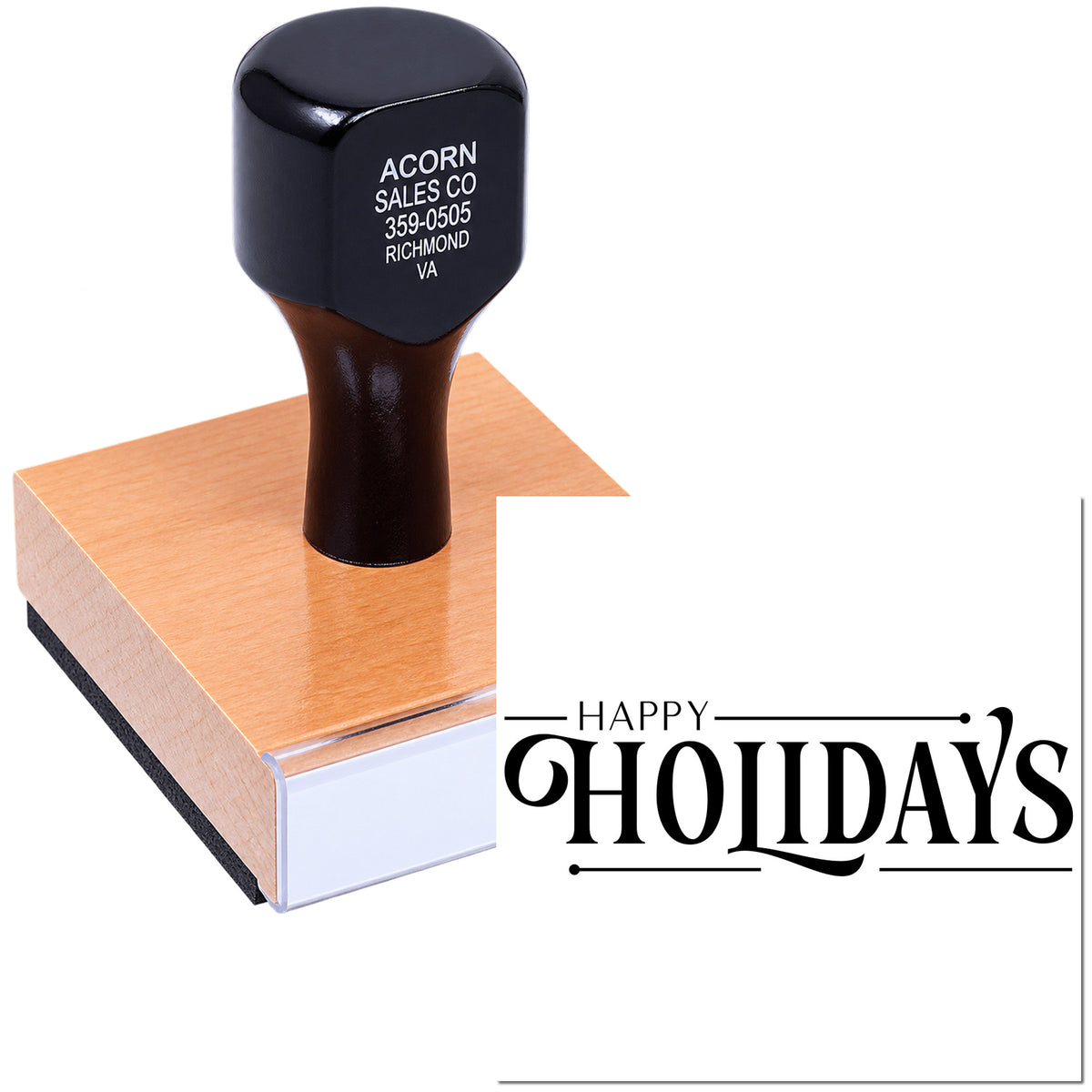 Custom Happy Holidays rubber stamp for seasonal business cards, holiday cards, and festive packaging.