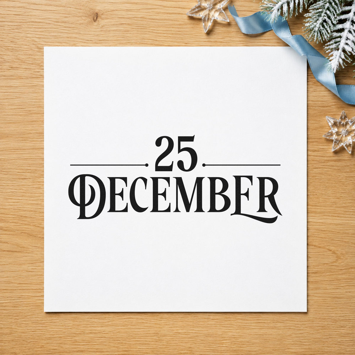 Twenty Five December Lettering craft stamp imprint in black ink on a handmade project, one idea being fixed gift tags.