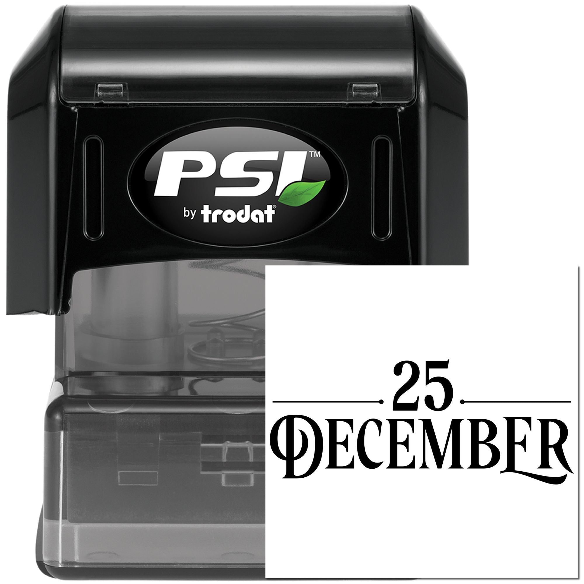 PSI by Trodat self-inking date stamp for rubber stamping, showing December 25 holiday imprint for office use