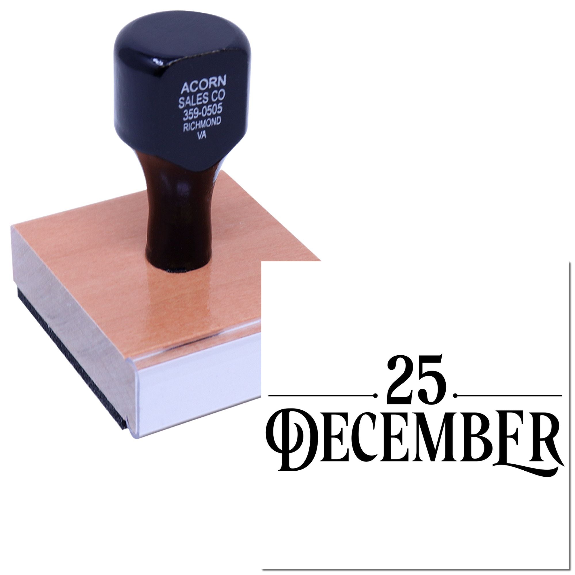 Custom rubber date stamp with 25 December imprint for holiday document marking and office use.