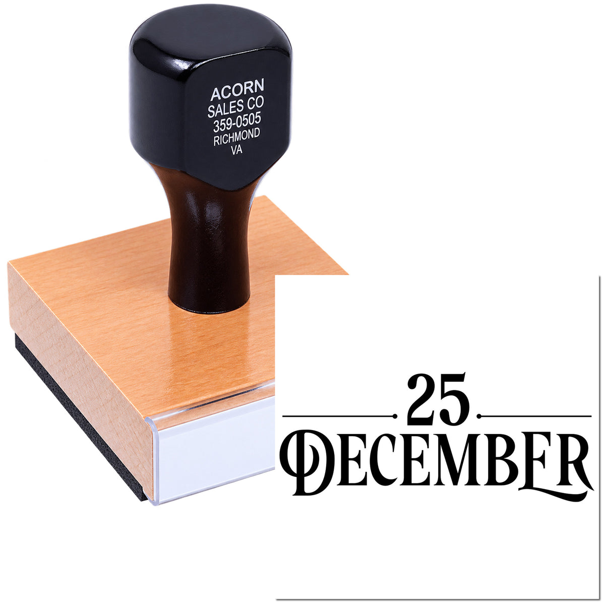 Custom rubber date stamp with 25 December imprint for holiday document marking and office use.