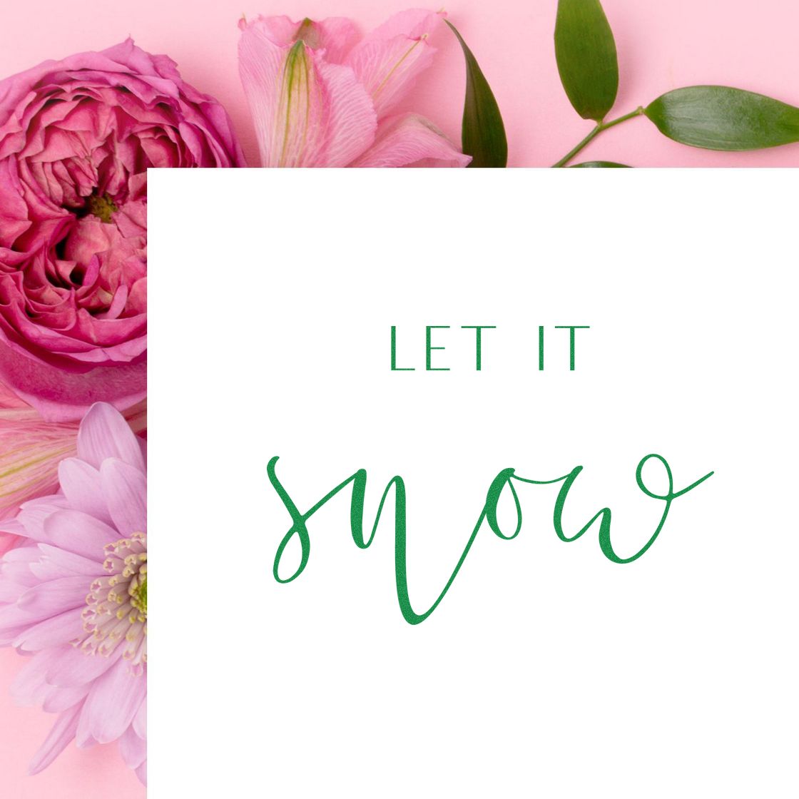 Let It Snow rubber stamp design with elegant green lettering, perfect for winter cards, holiday crafts, and handmade greetings.
