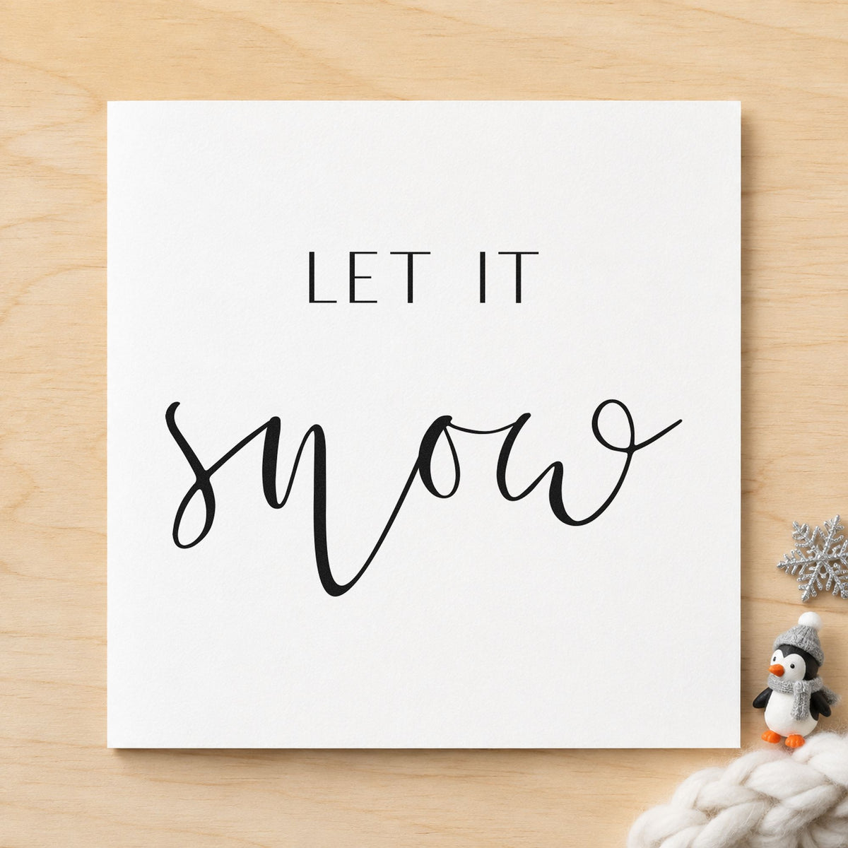 Let It Snow Fine Script rubber stamp printed in black ink, ready for airy script cards and similar paper crafts.