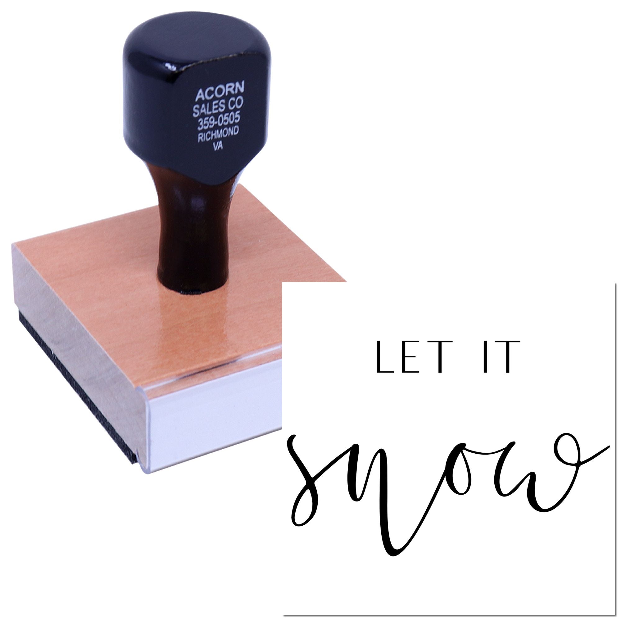 Custom rubber stamp pressing a wood block, with bold LET IT script for personalized branding or packaging.