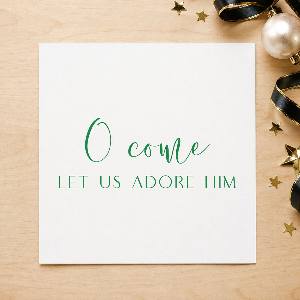 O Come Let Us Adore Him craft stamp imprint in purple ink on a handmade project, one idea being midweek slip cards.