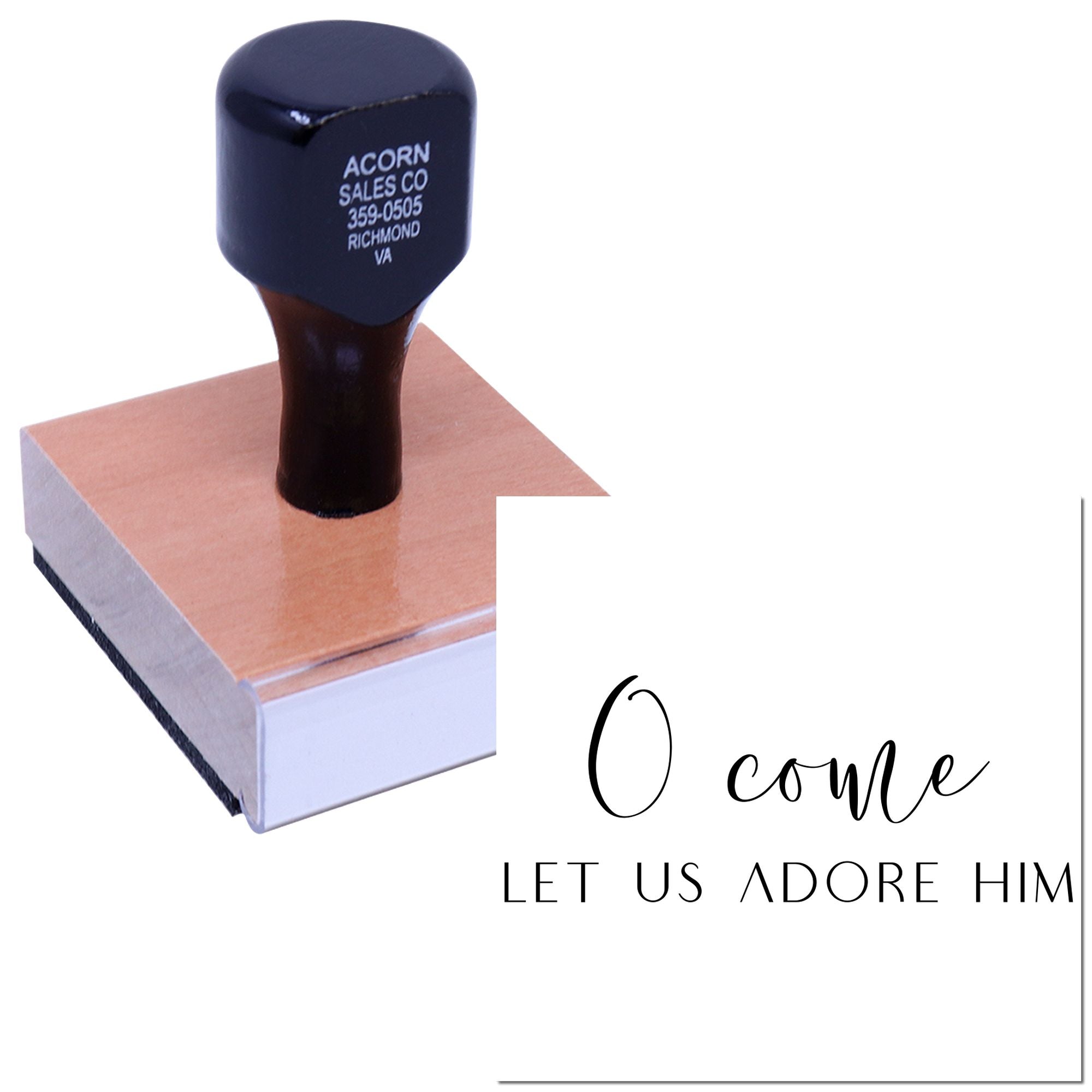 Custom Christmas rubber stamp with O come, let us adore Him imprint for holiday cards, crafts, and religious projects.