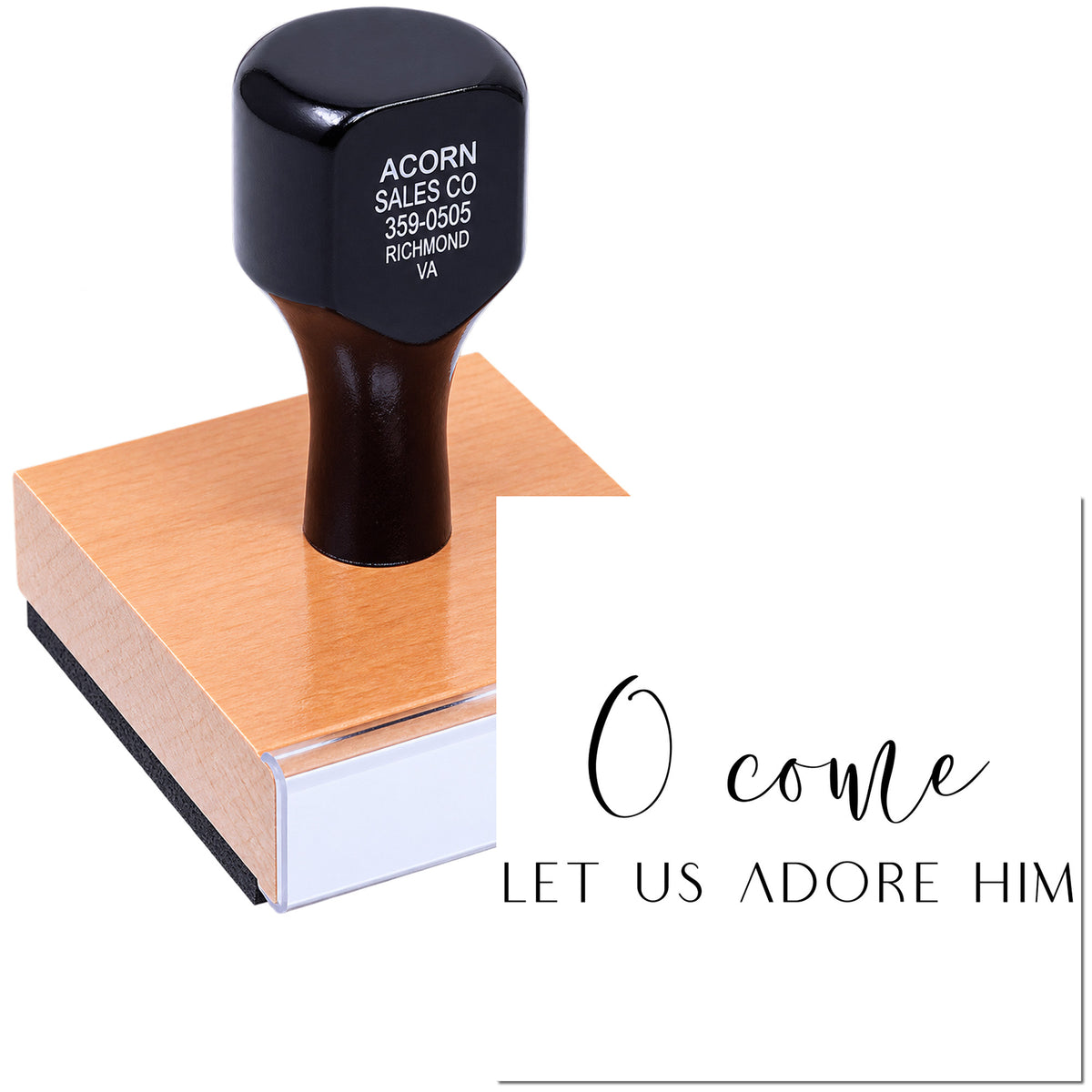 Custom Christmas rubber stamp with O come, let us adore Him imprint for holiday cards, crafts, and religious projects.