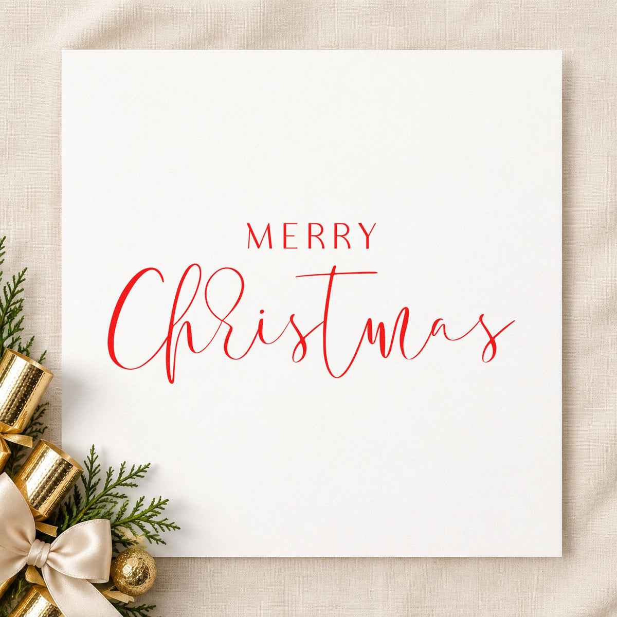 Merry Christmas Fine Script rubber stamp shown in red ink, stamped for projects such as favor box labels.