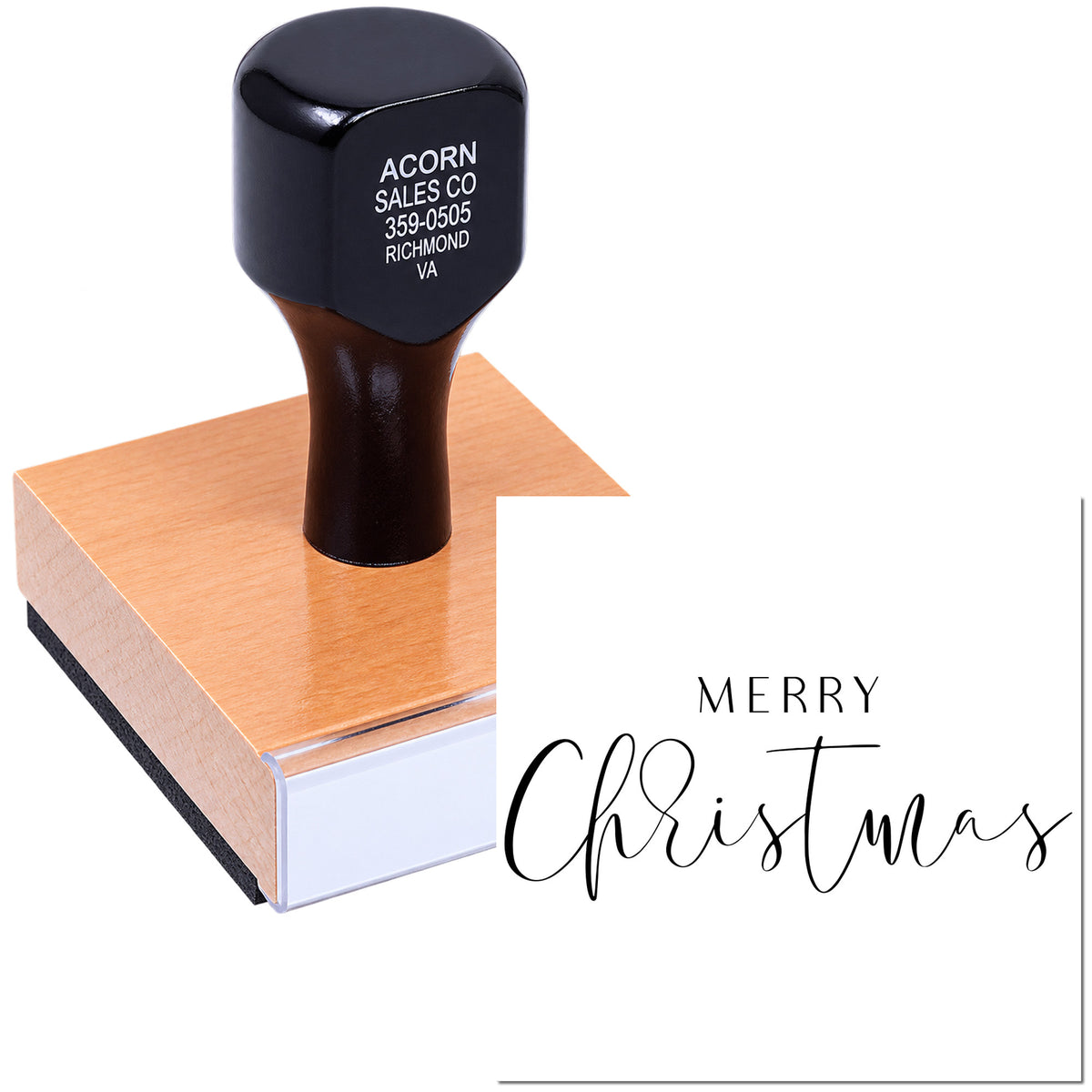 Custom Merry Christmas rubber stamp shown with stamped impression for holiday cards and festive packaging.