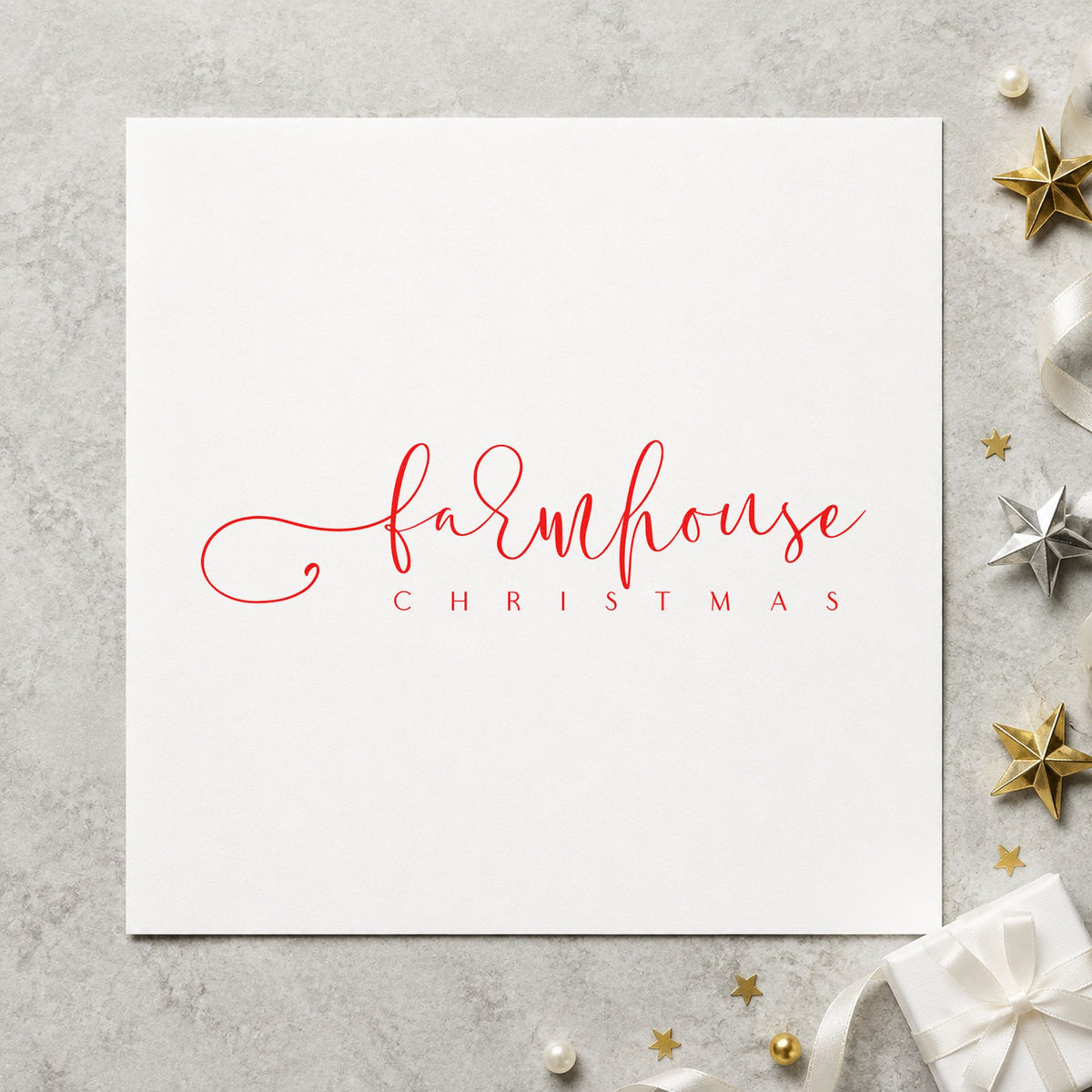 Farmhouse Christmas Fine Script craft stamp in red ink on cardstock, an easy option for grain sack printing.