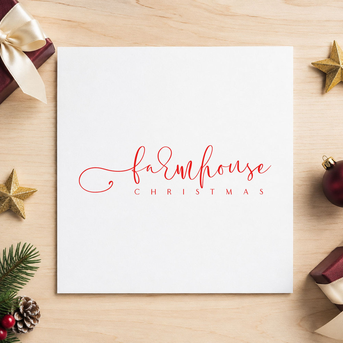 Farmhouse Christmas Fine Script rubber stamp shown in purple ink, stamped for projects such as pantry jar labels.